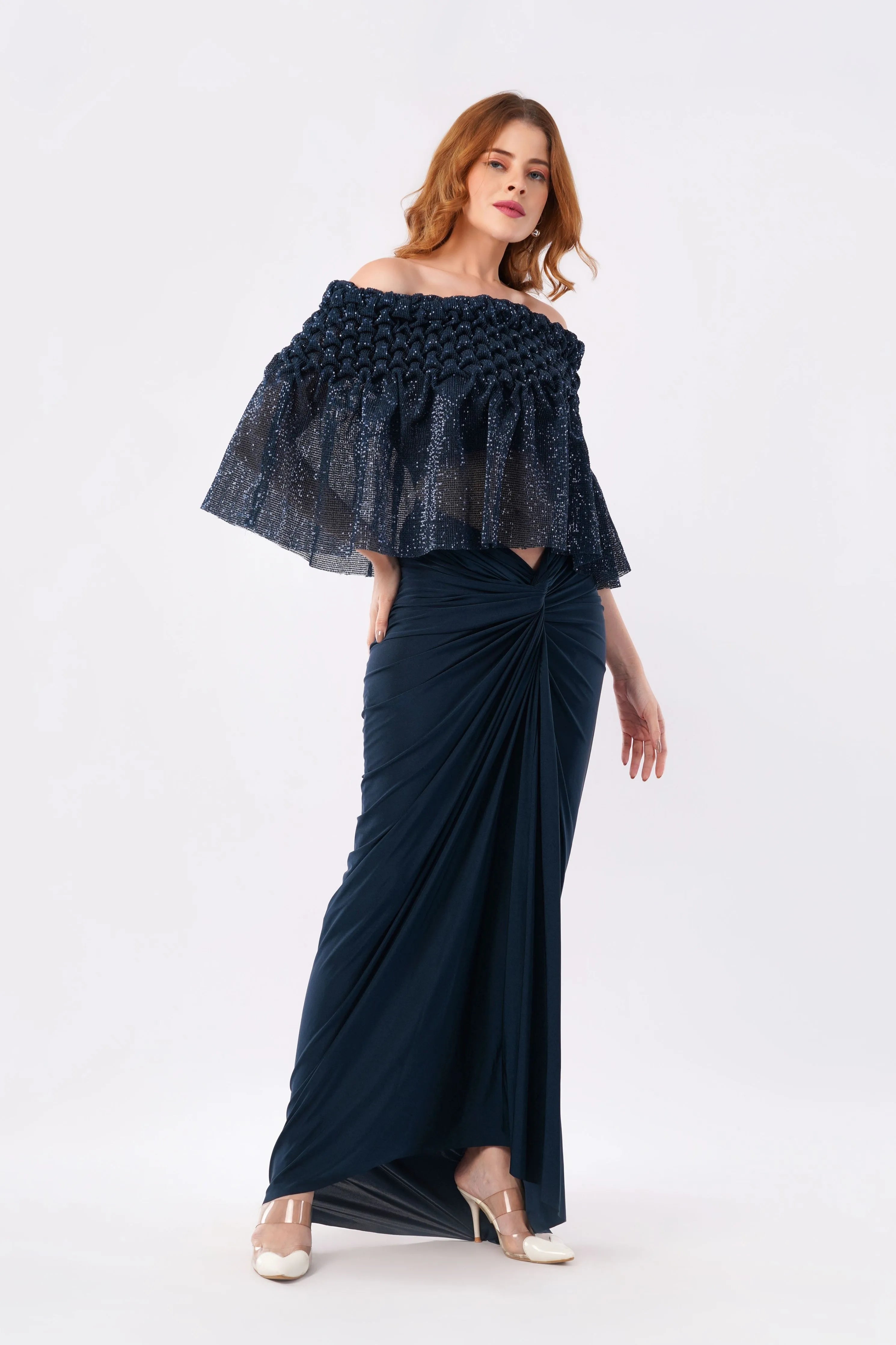 Jasmine off-shoulder smocked cape Set
