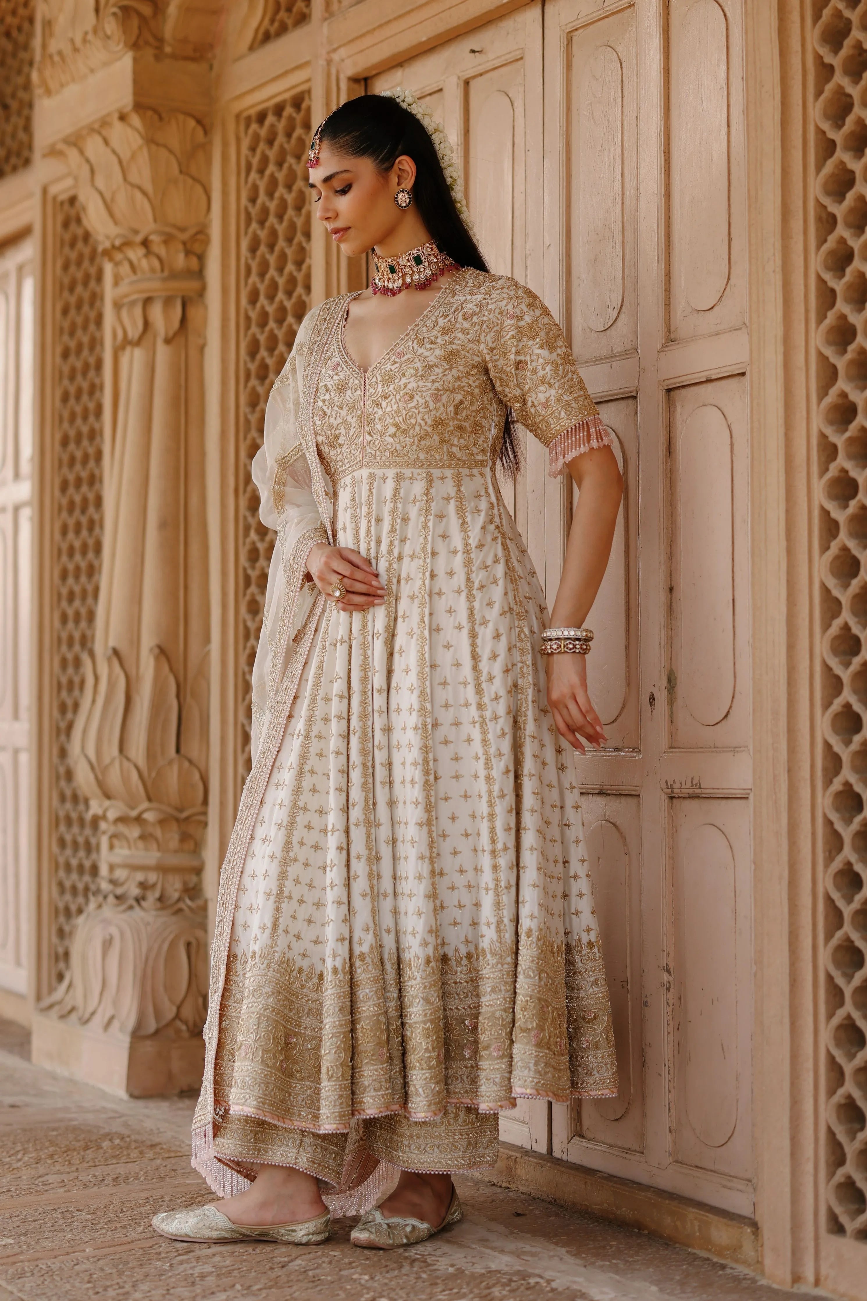 Nafees   Daisy Ivory Kalidaar Anarkali Set with Palazzo & Dupatta