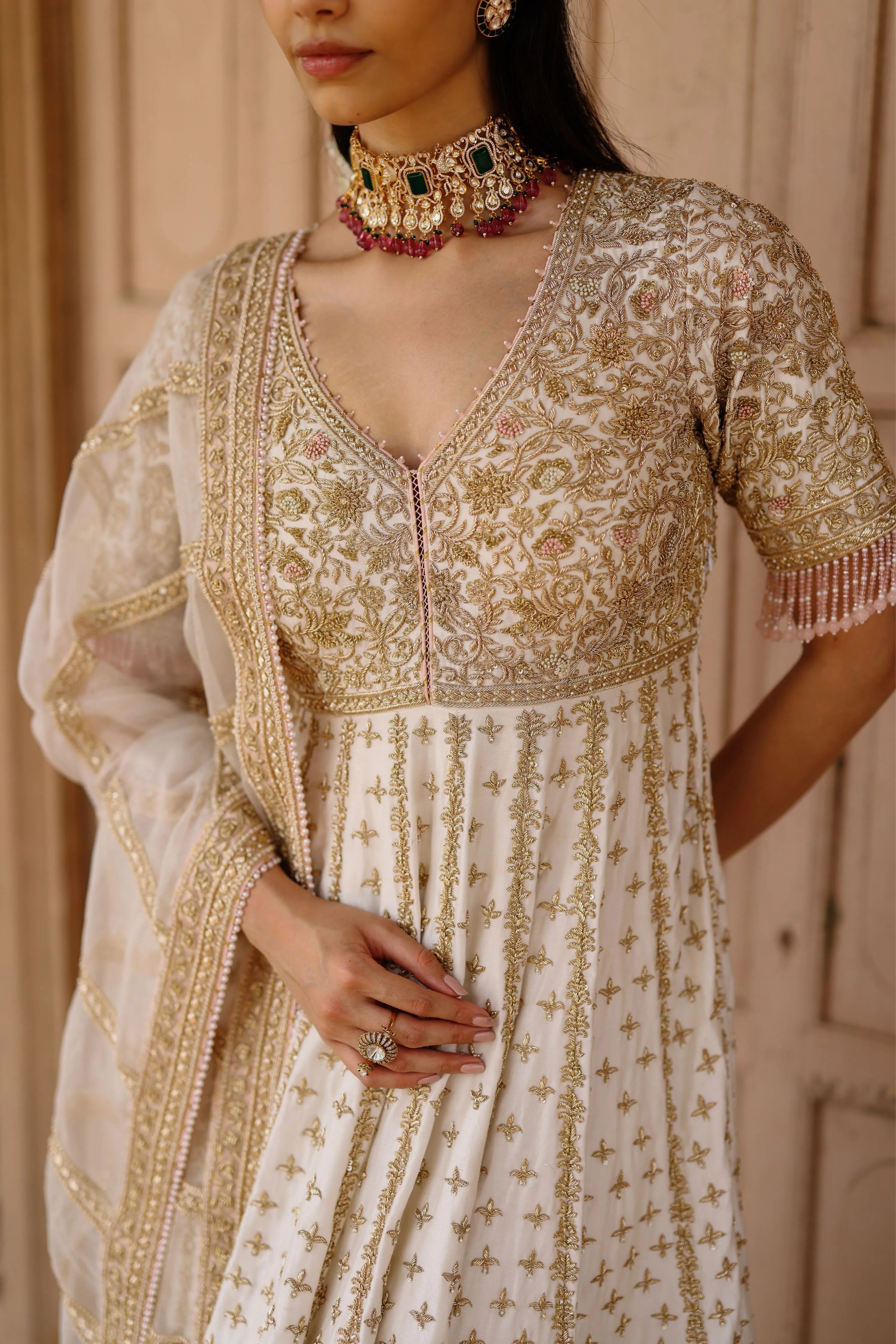 Nafees   Daisy Ivory Kalidaar Anarkali Set with Palazzo & Dupatta