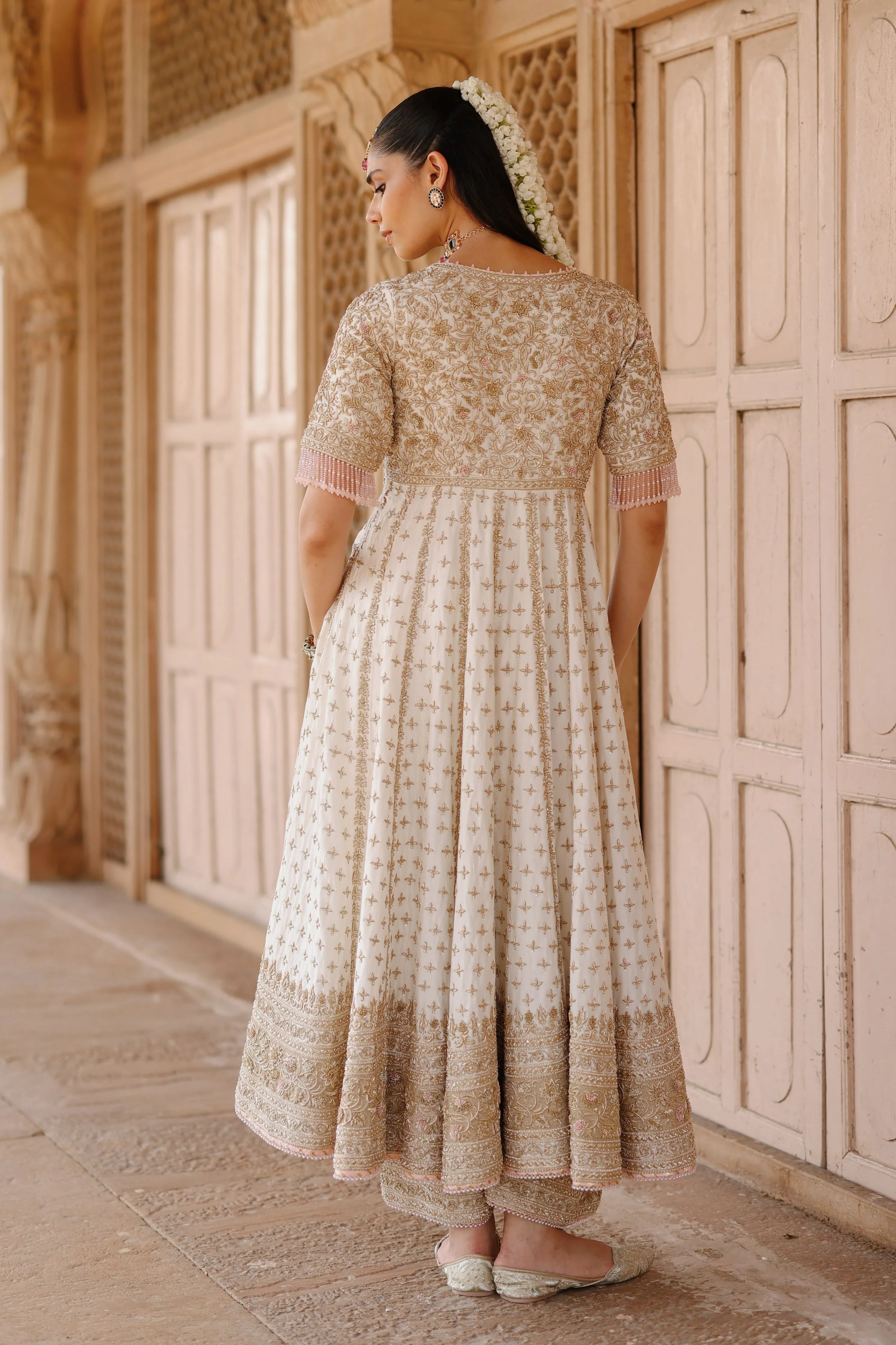 Nafees   Daisy Ivory Kalidaar Anarkali Set with Palazzo & Dupatta