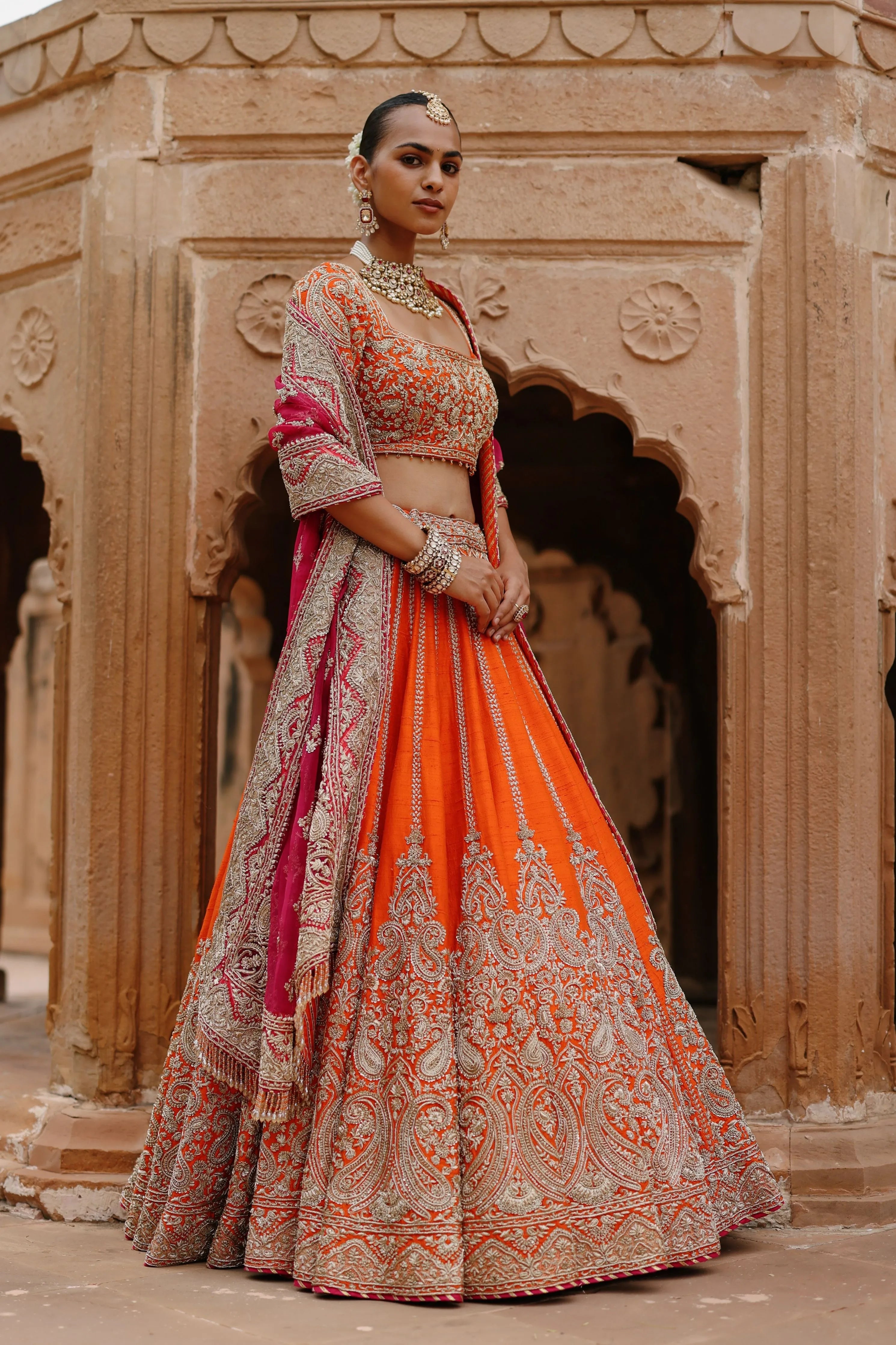 Nagma   Orange Lehenga Set with Blouse & Hot Pink Dupatta
