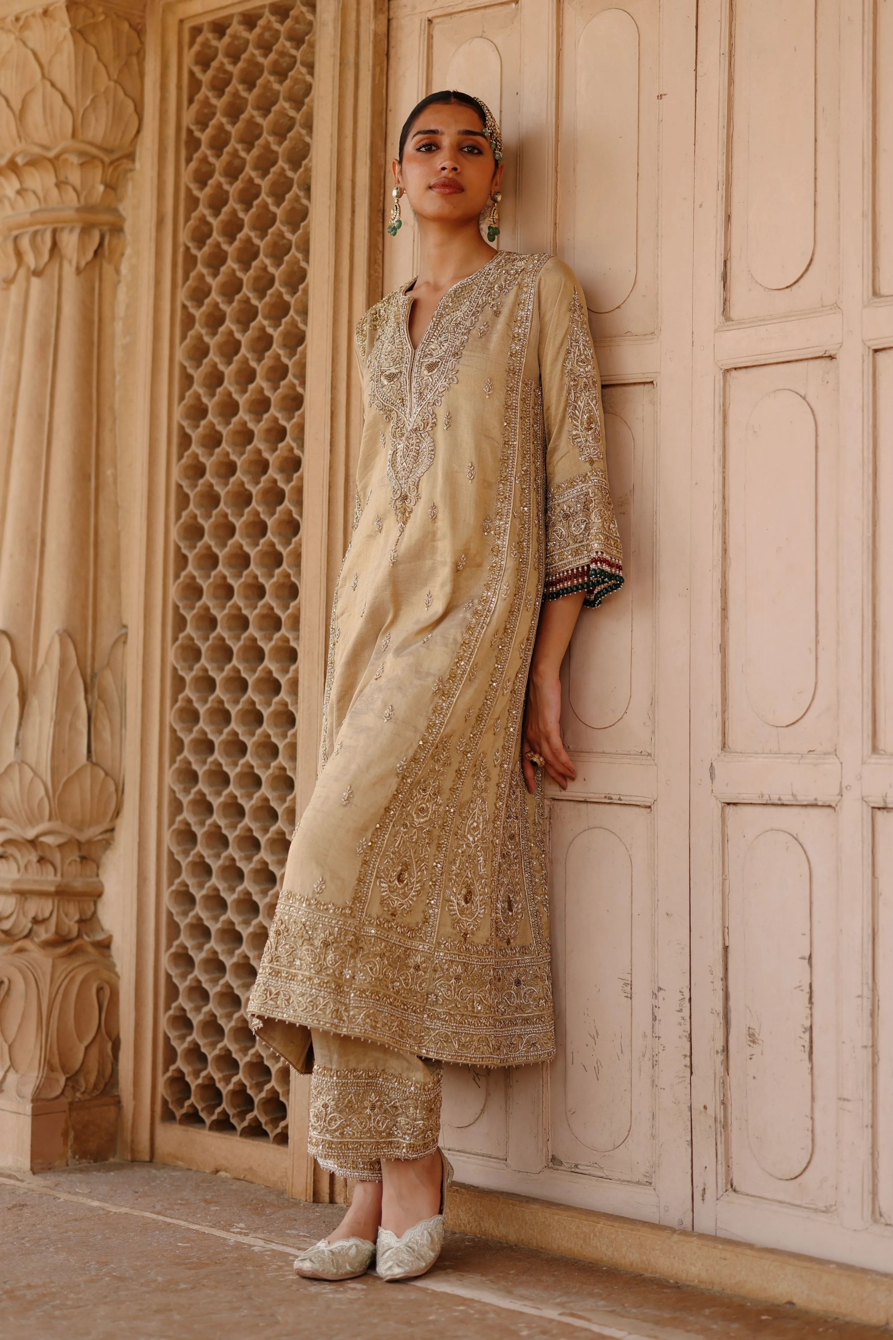 Nazaara  Gold Tissue Long Kalidaar Chauga Set with Palazzo & Dupatta