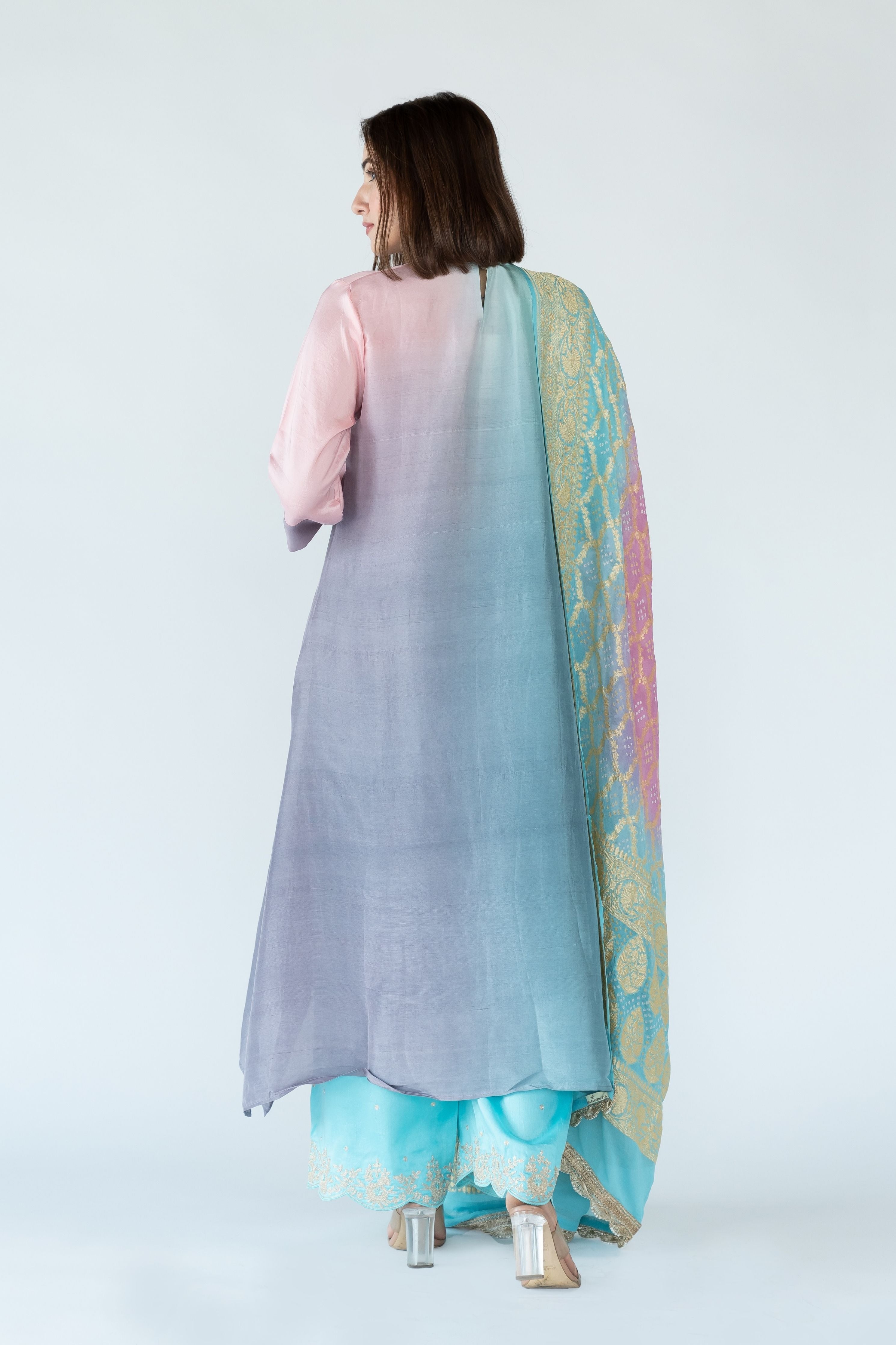 Blue Mauve Grey Zari Kurta Set