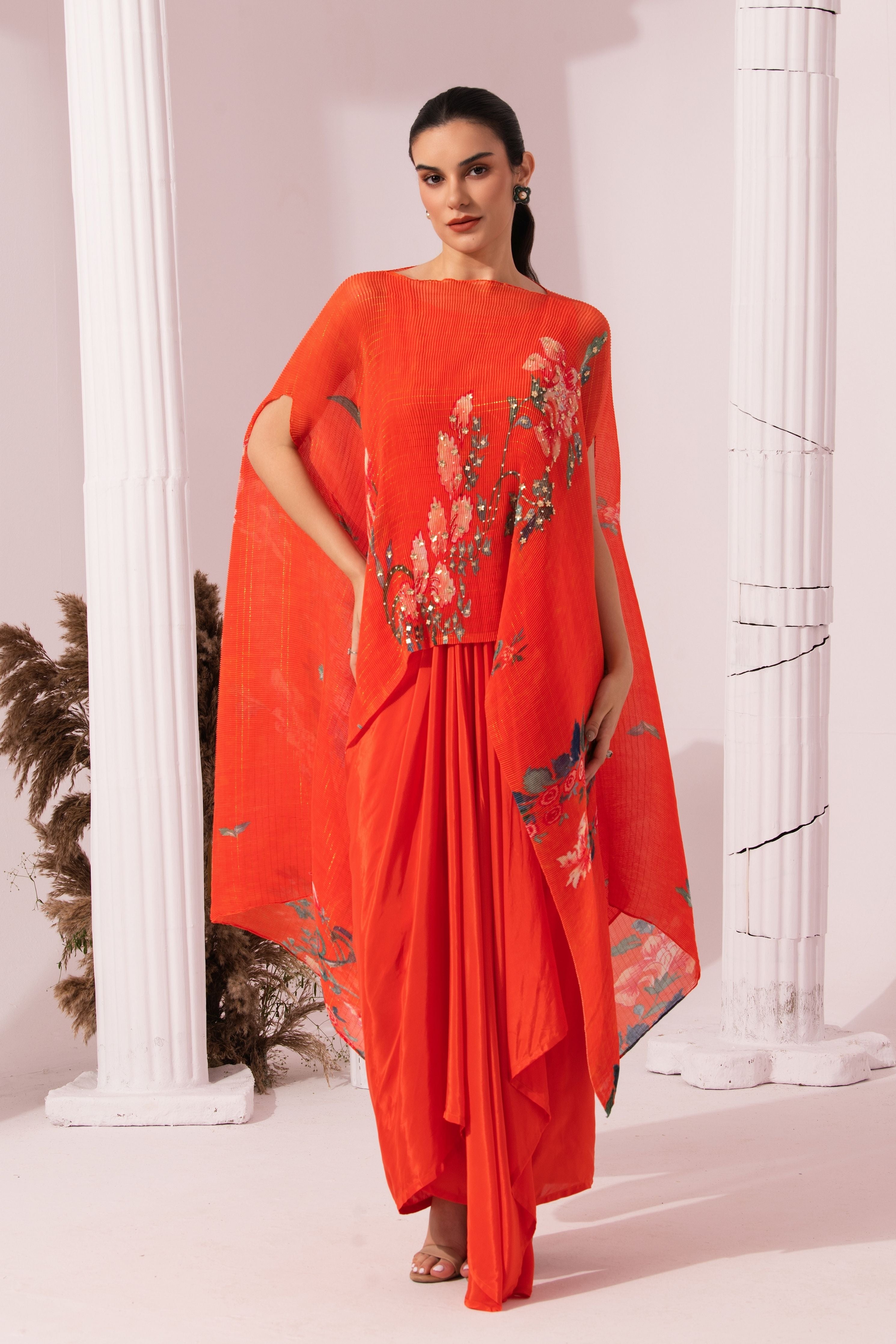 Wildflower Muse Orangey Red Kaftan & Dhoti Set