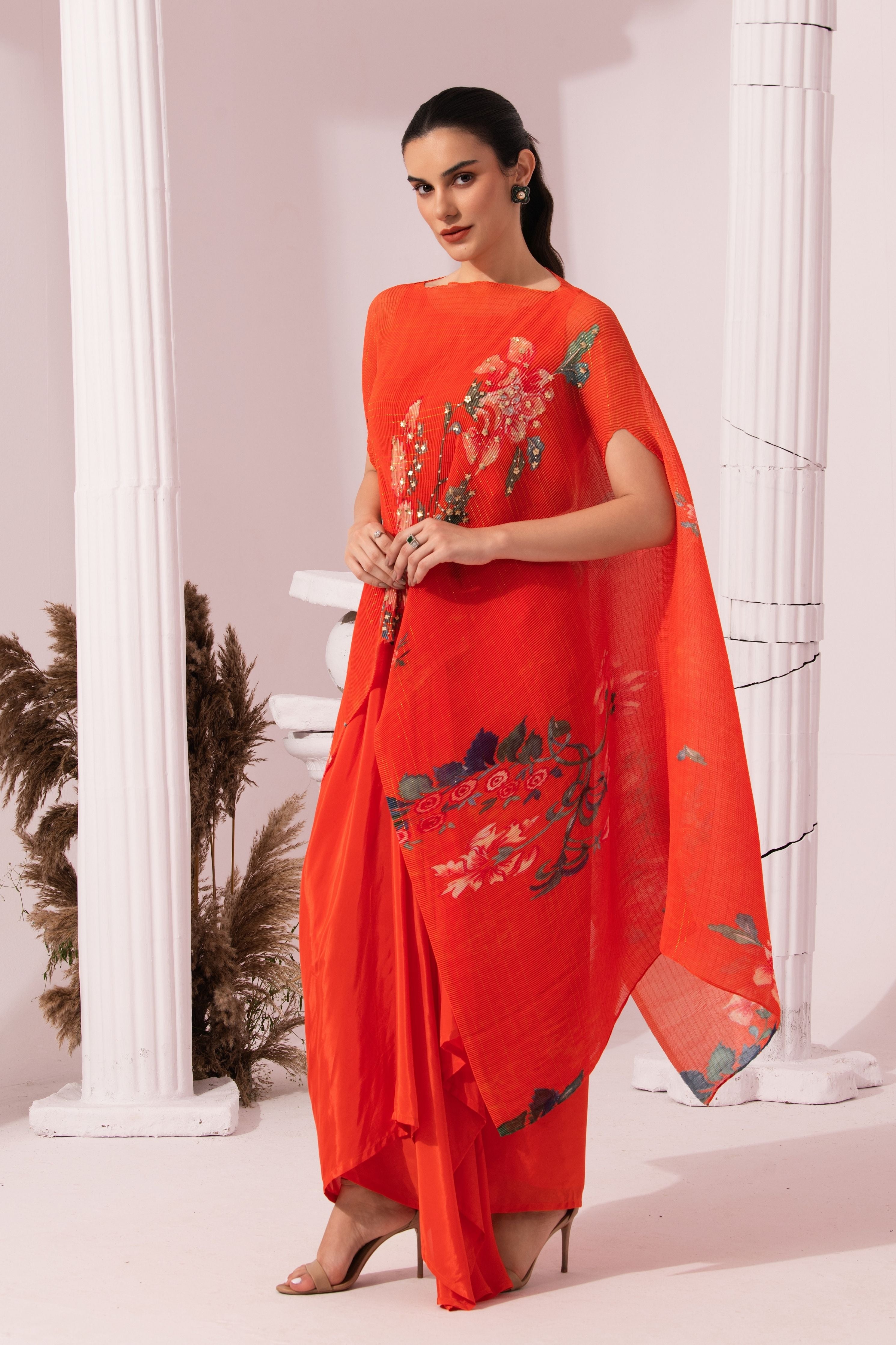 Wildflower Muse Orangey Red Kaftan & Dhoti Set