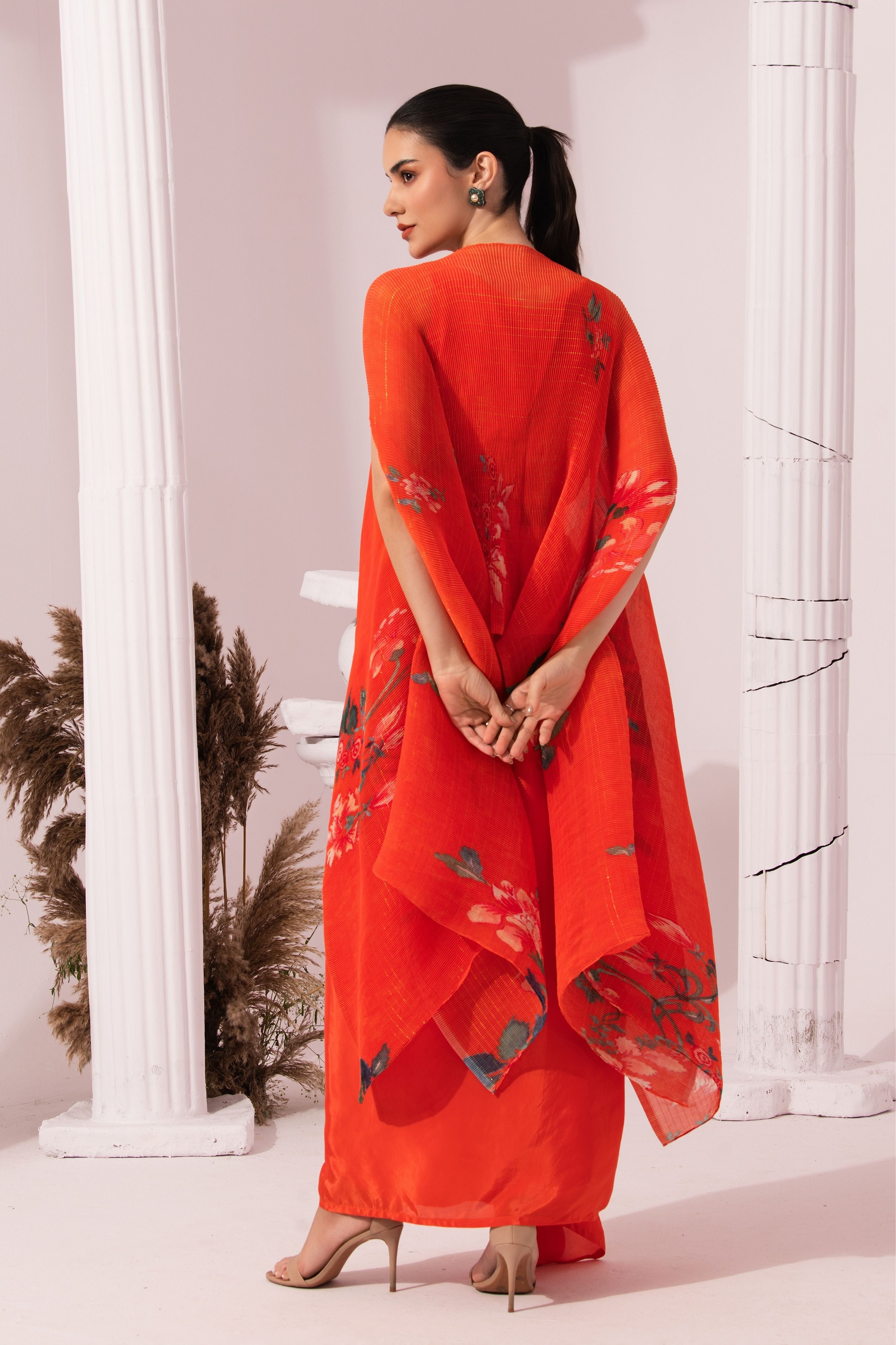 Wildflower Muse Orangey Red Kaftan & Dhoti Set