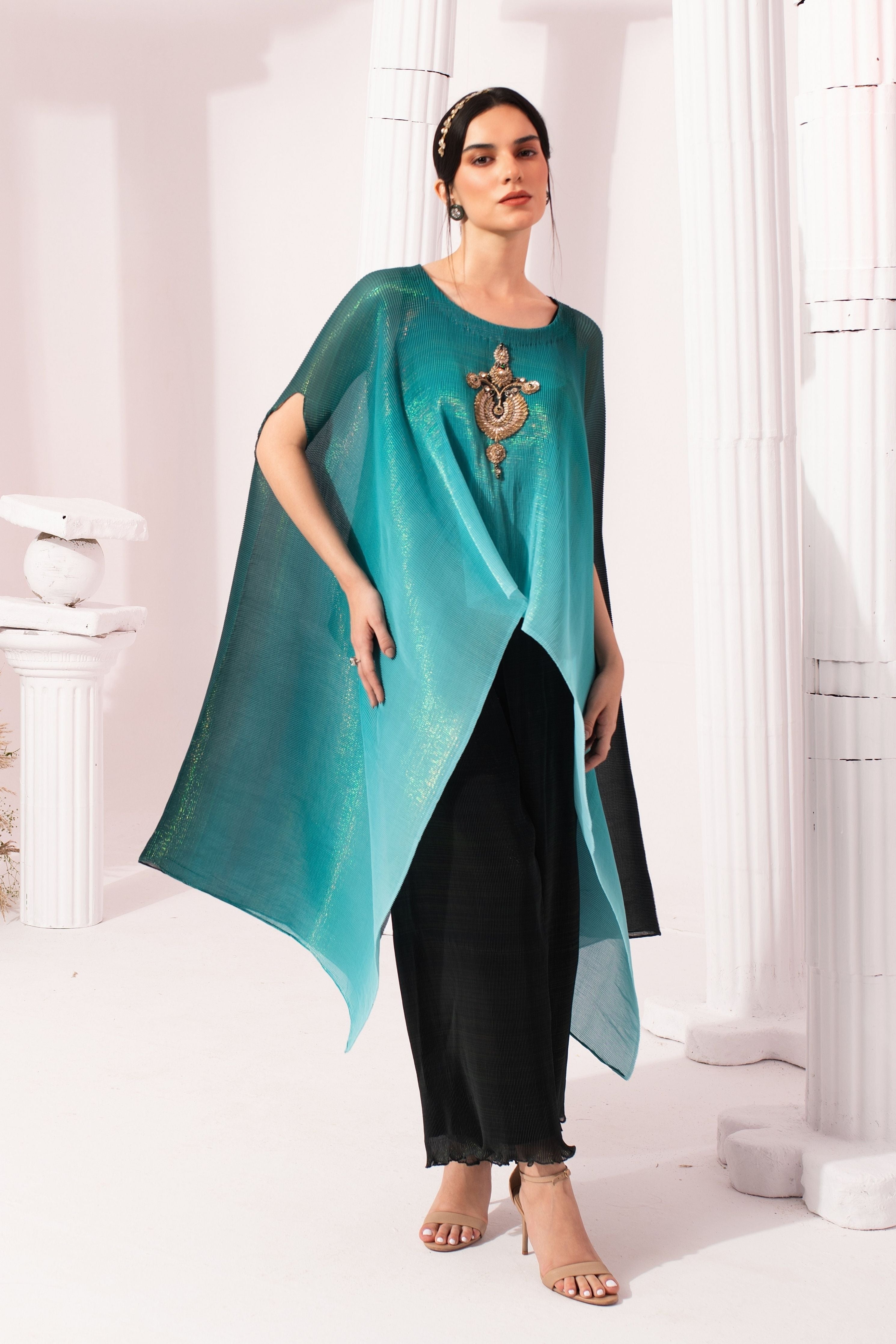 Ombire Sea Blue Kaftan & Dhoti Set