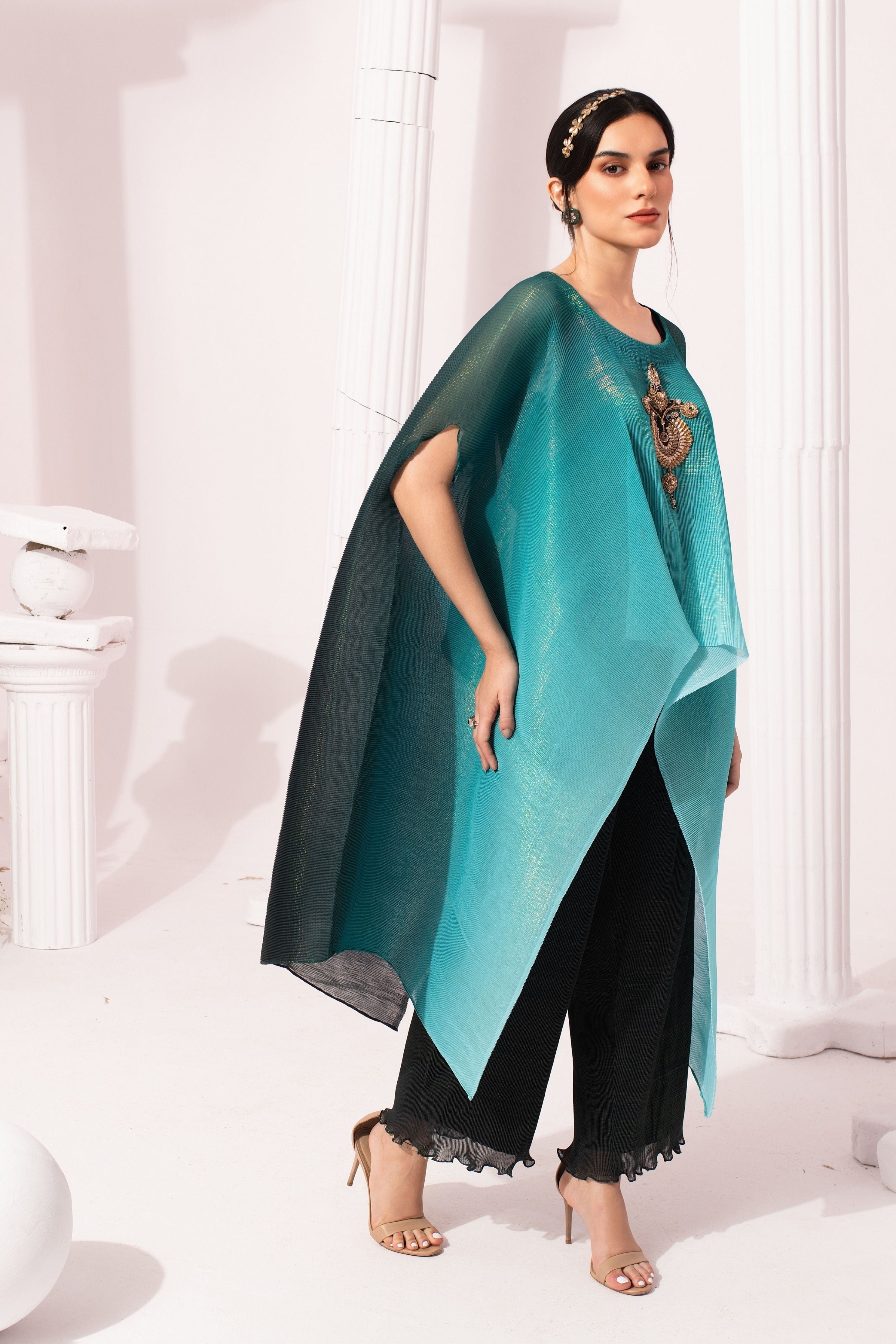 Ombire Sea Blue Kaftan & Dhoti Set