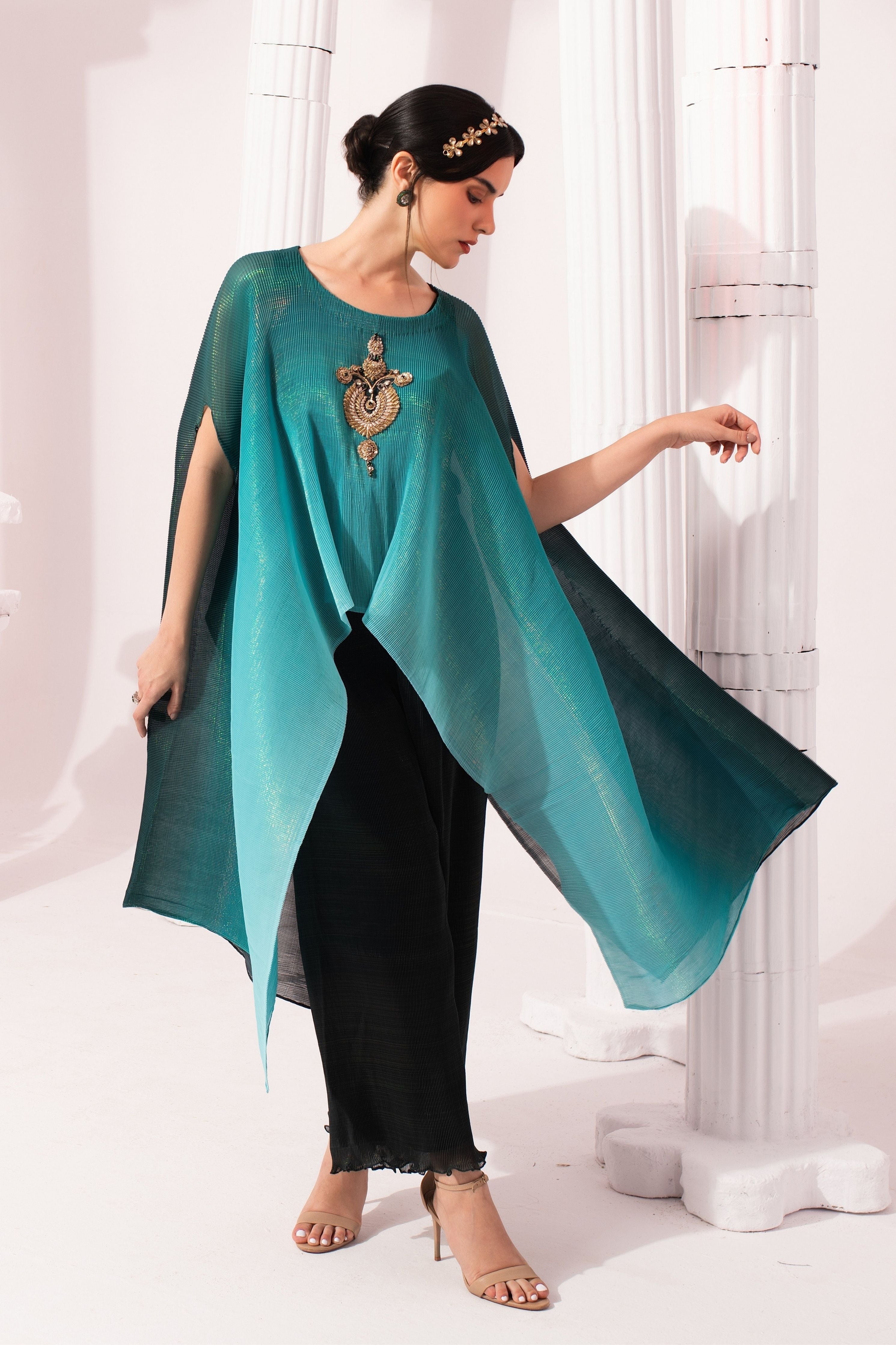 Ombire Sea Blue Kaftan & Dhoti Set