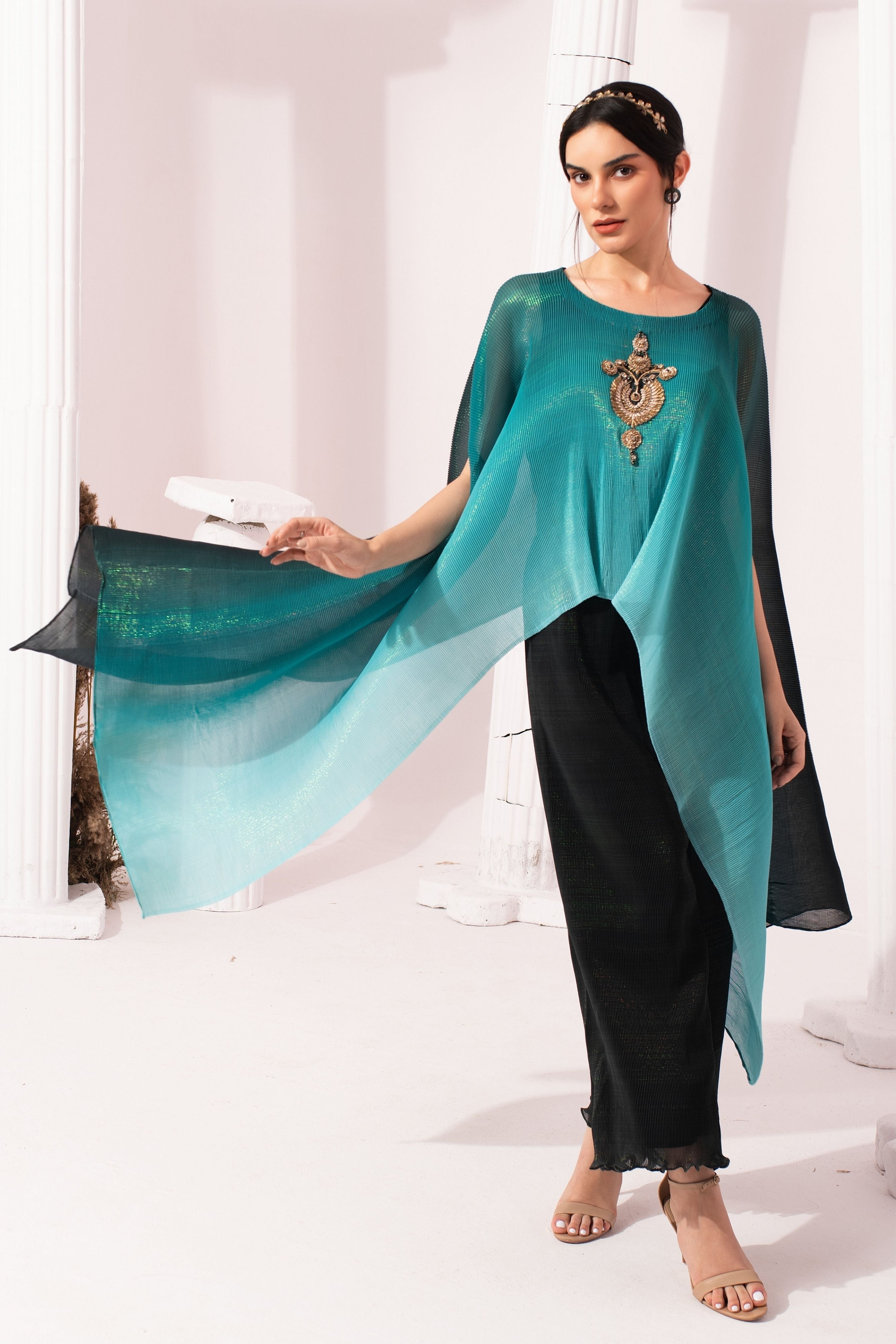 Ombire Sea Blue Kaftan & Dhoti Set