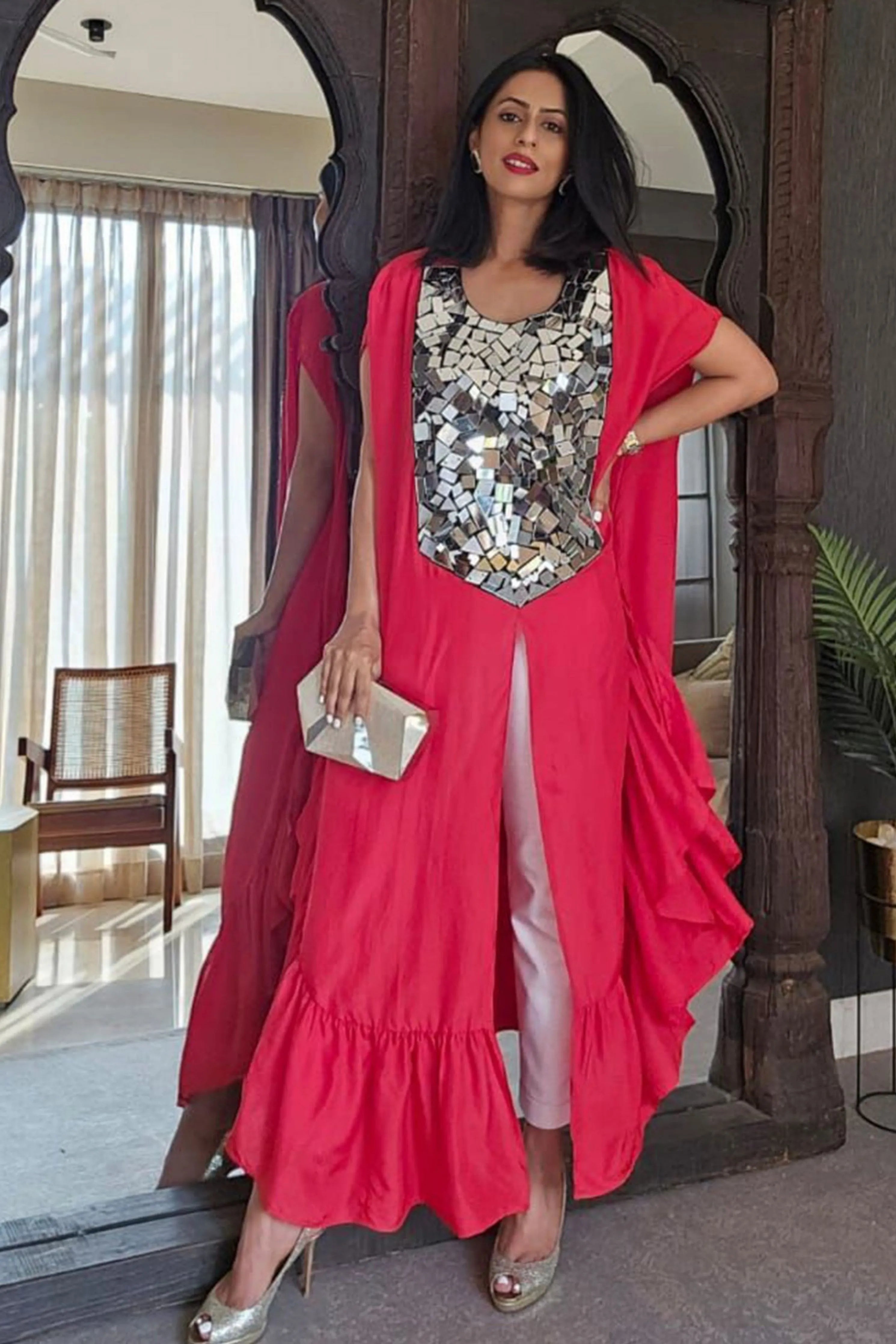 Red Silk Long Tunic With Front Slit