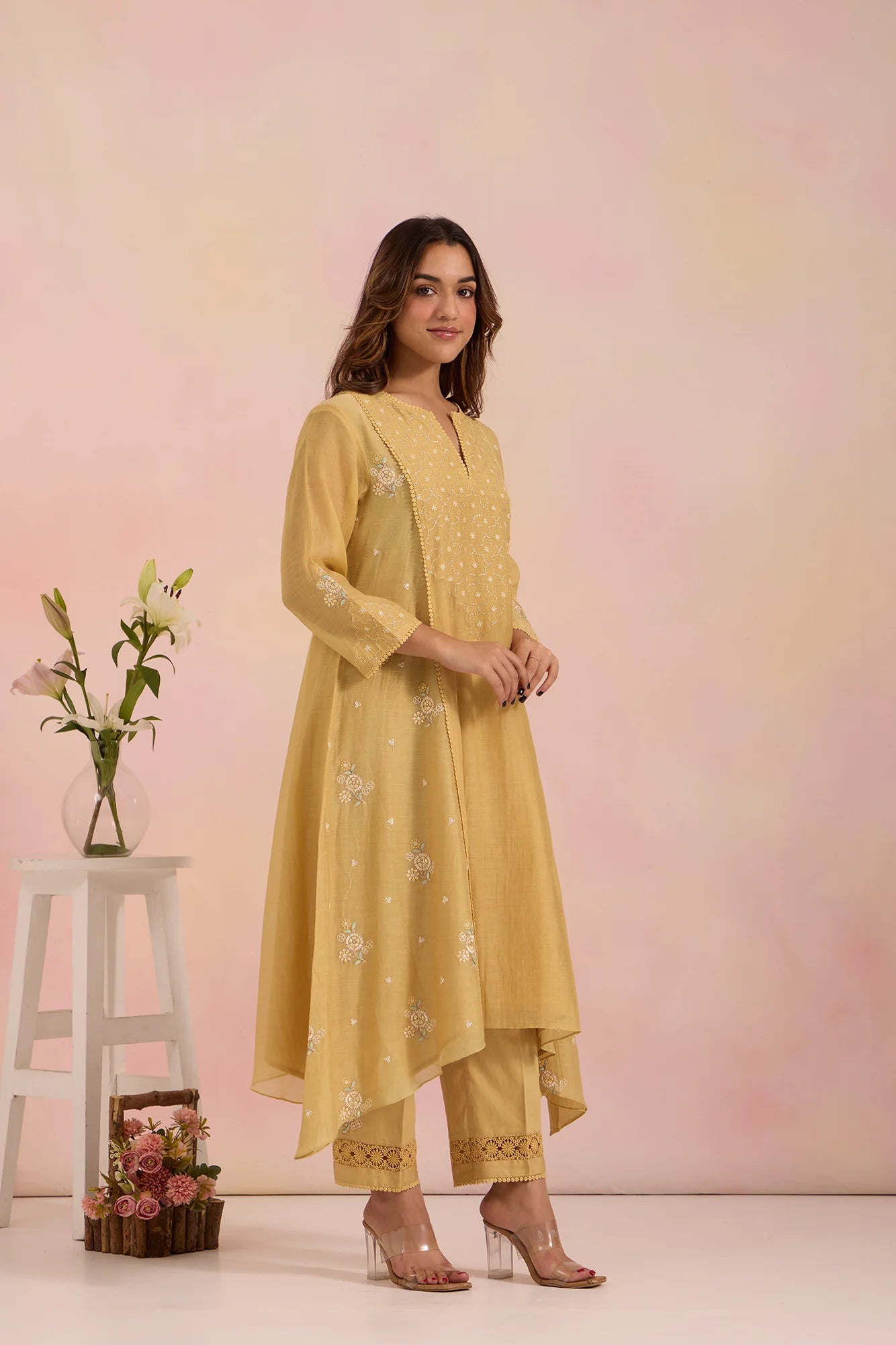 Embroidered Paneled Tunic Set with Mughal Jaali Detailing in Sand-Yellow