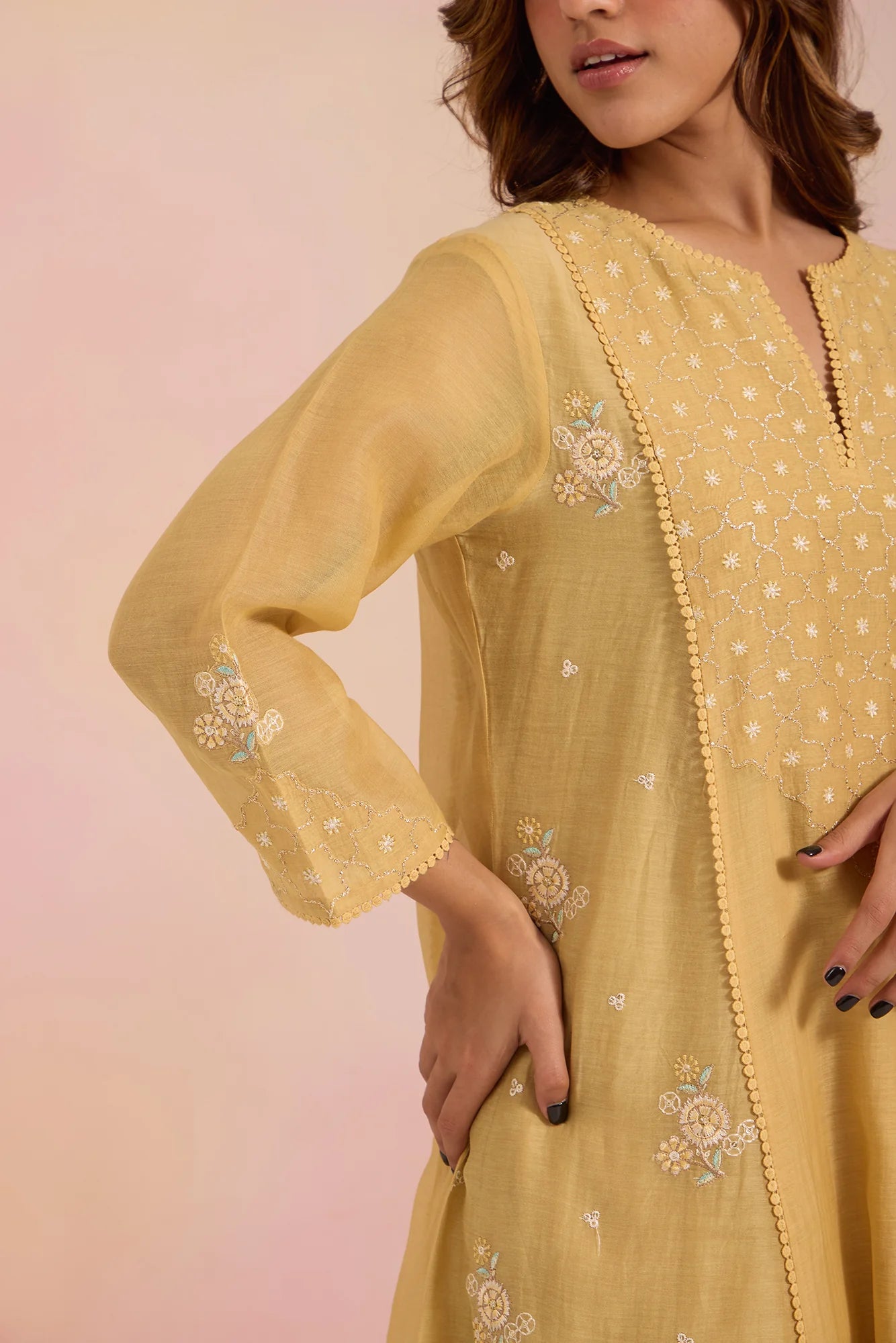 Embroidered Paneled Tunic Set with Mughal Jaali Detailing in Sand-Yellow