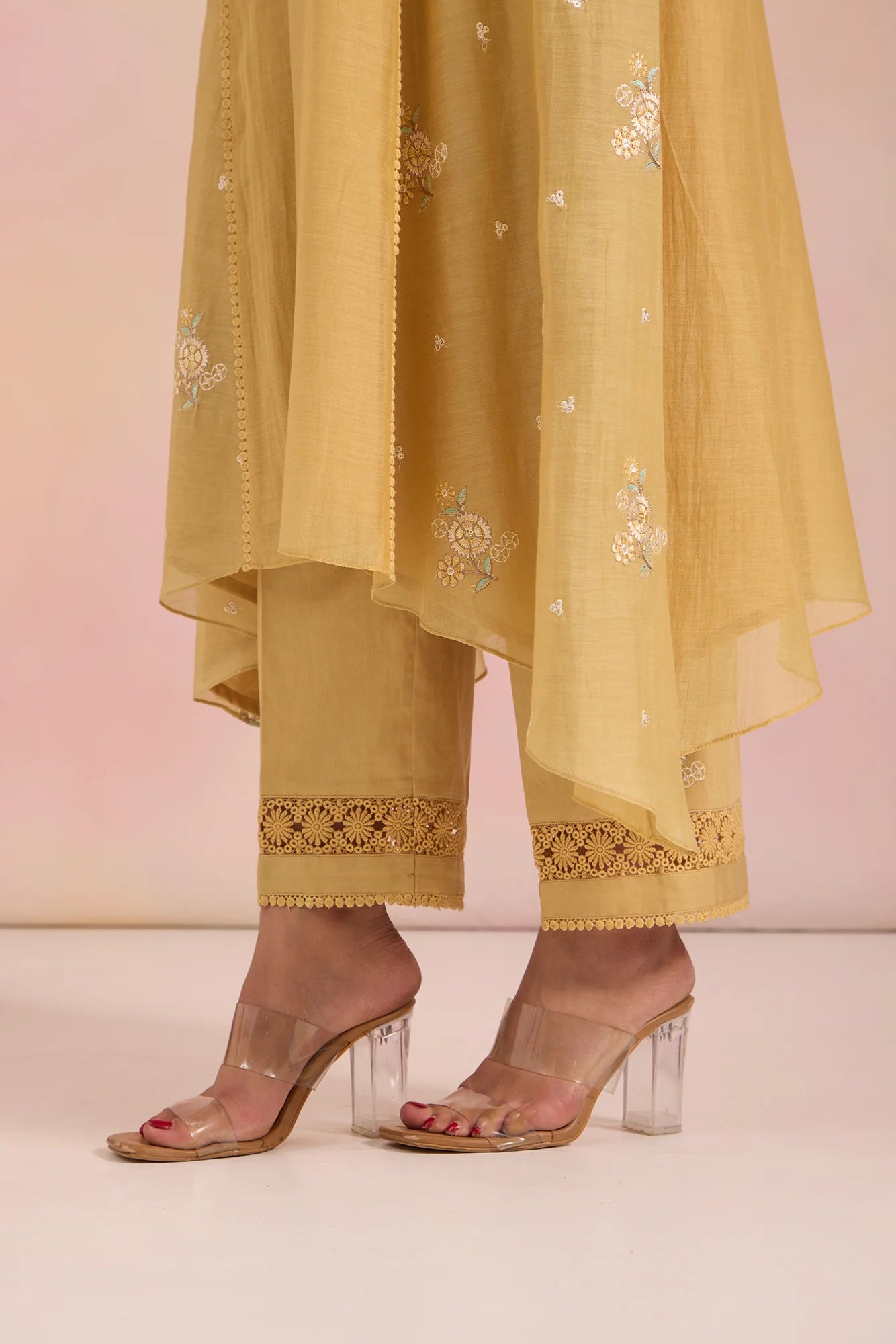 Embroidered Paneled Tunic Set with Mughal Jaali Detailing in Sand-Yellow