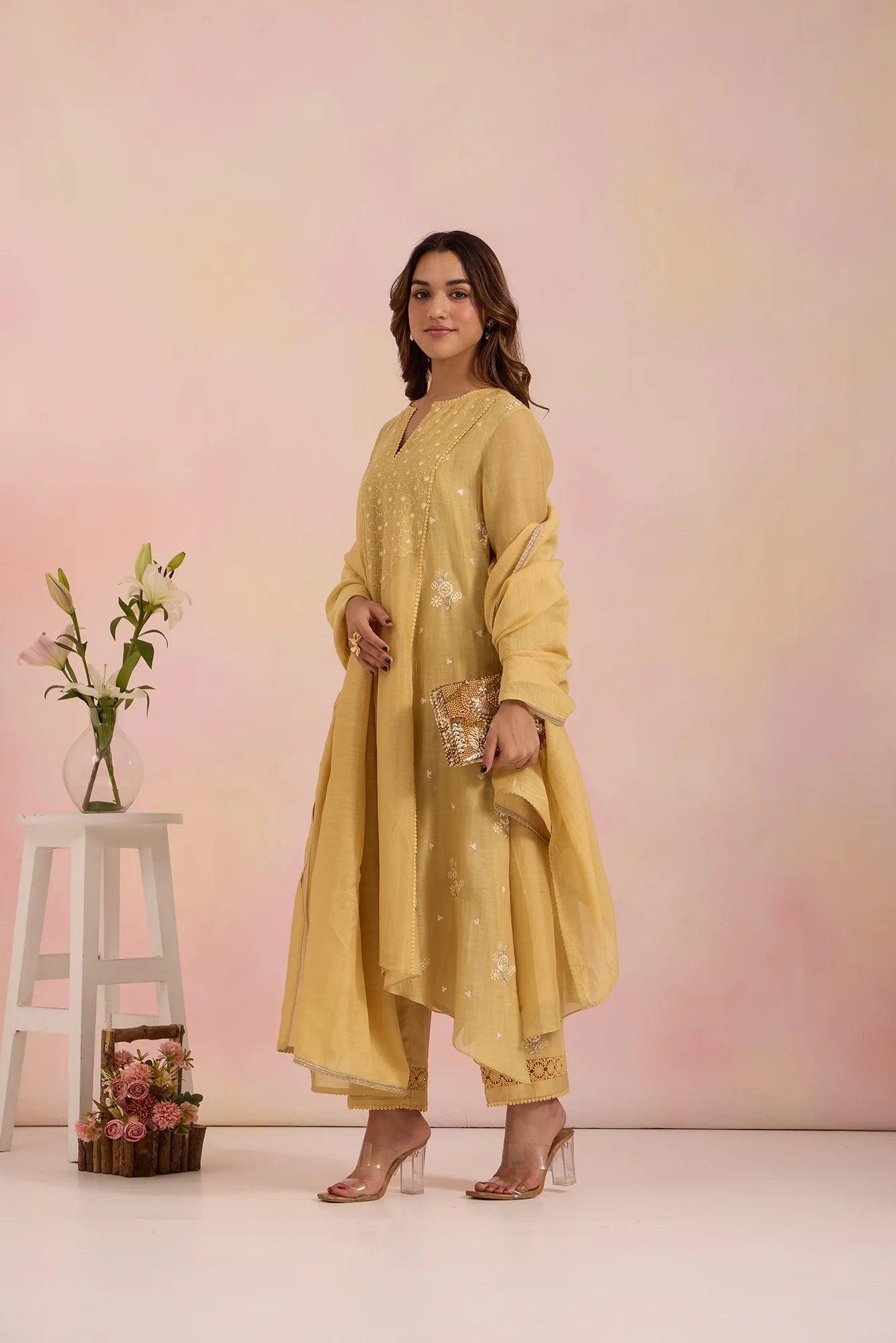 Embroidered Paneled Tunic Set with Mughal Jaali Detailing in Sand-Yellow