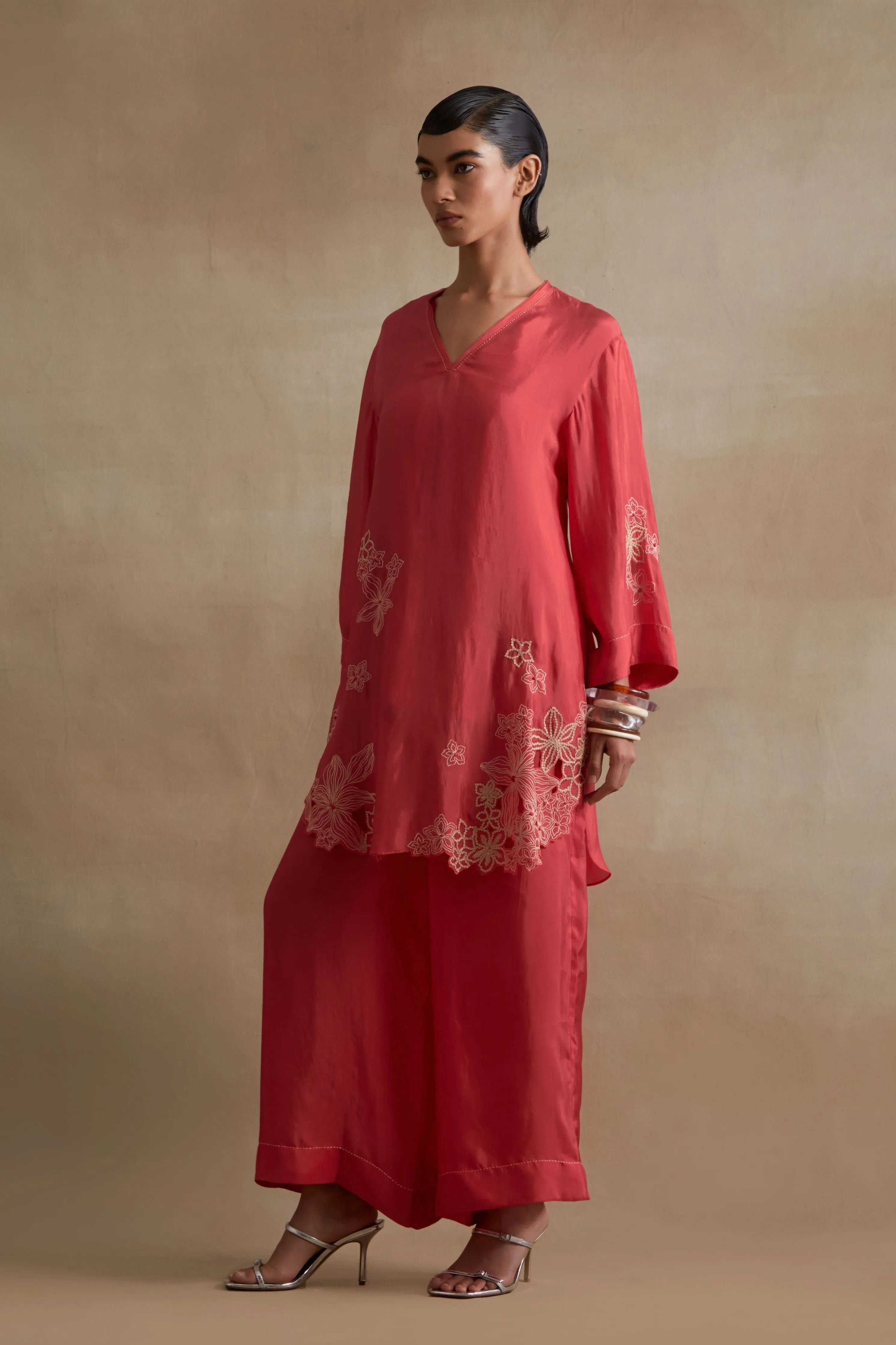 Tomato Floral Cutwork Tunic Set