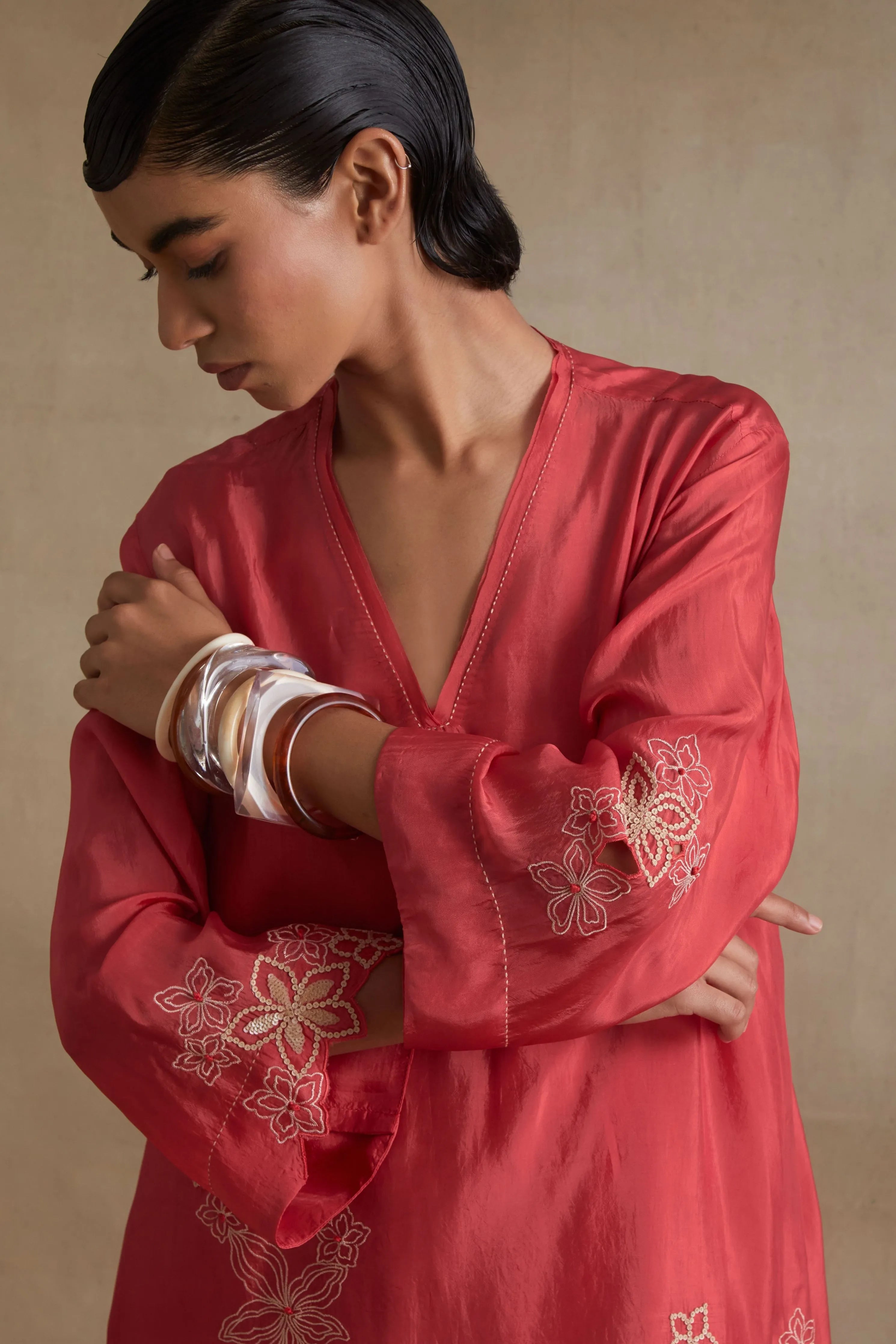 Tomato Floral Cutwork Tunic Set