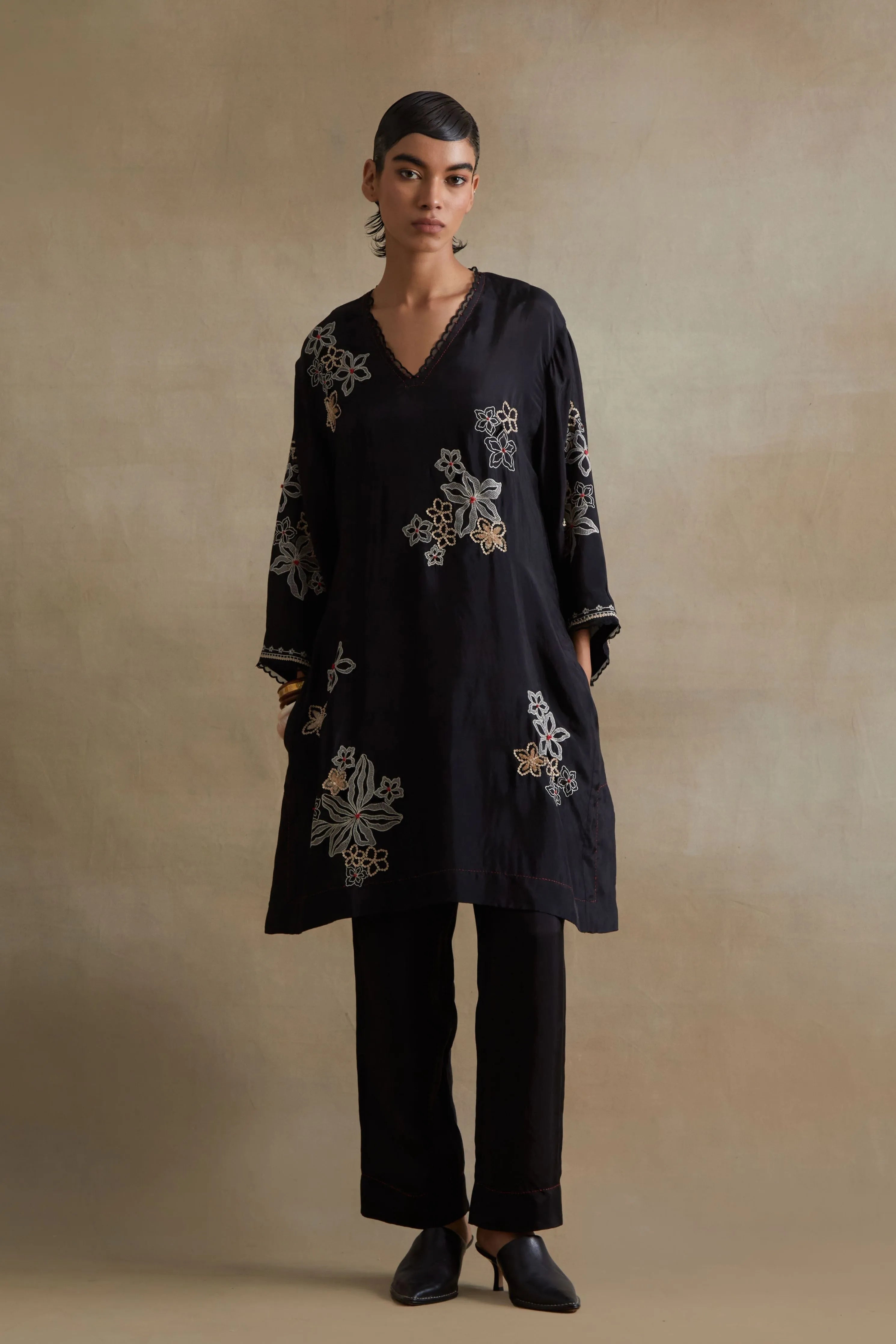 Black Floral Cutwork Tunic Set