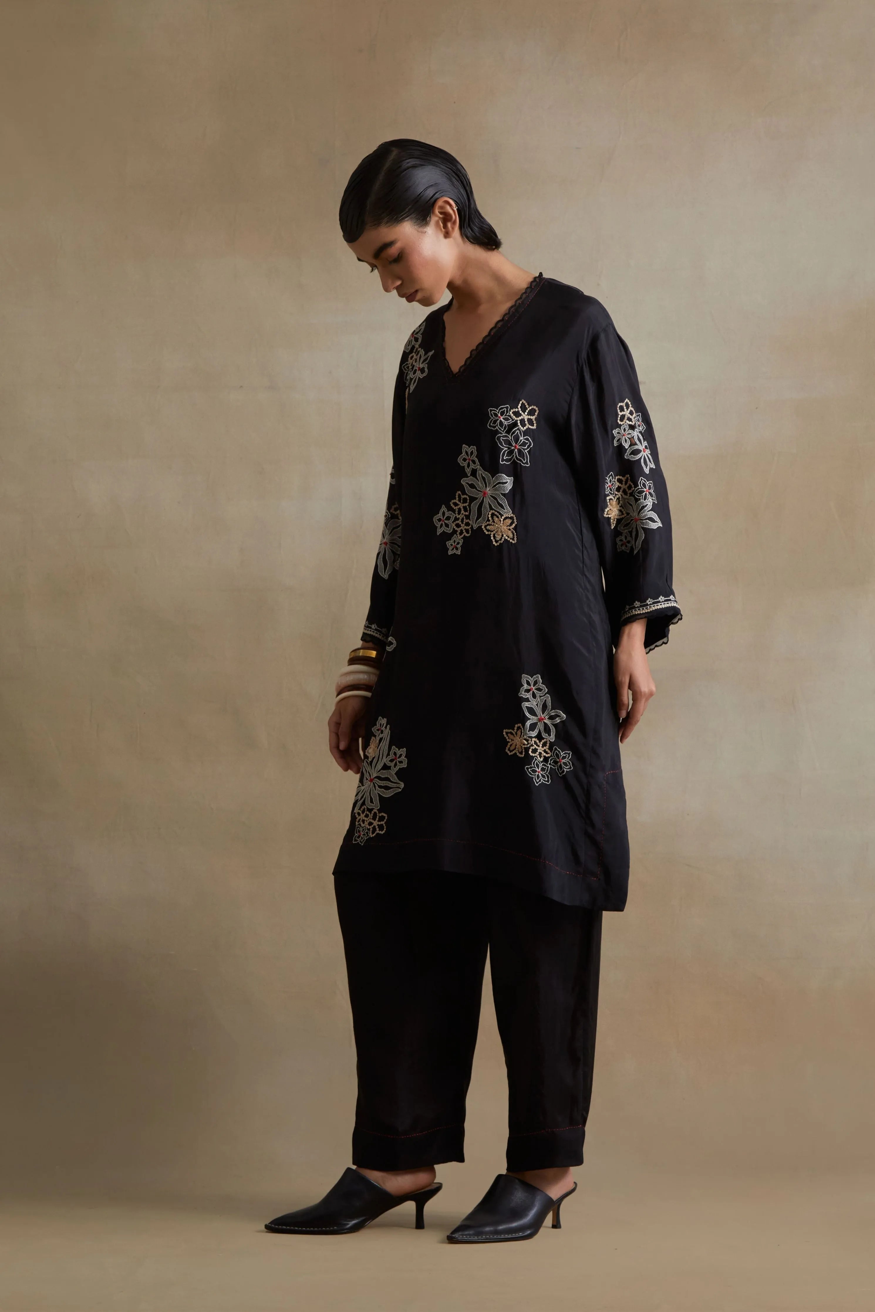 Black Floral Cutwork Tunic Set