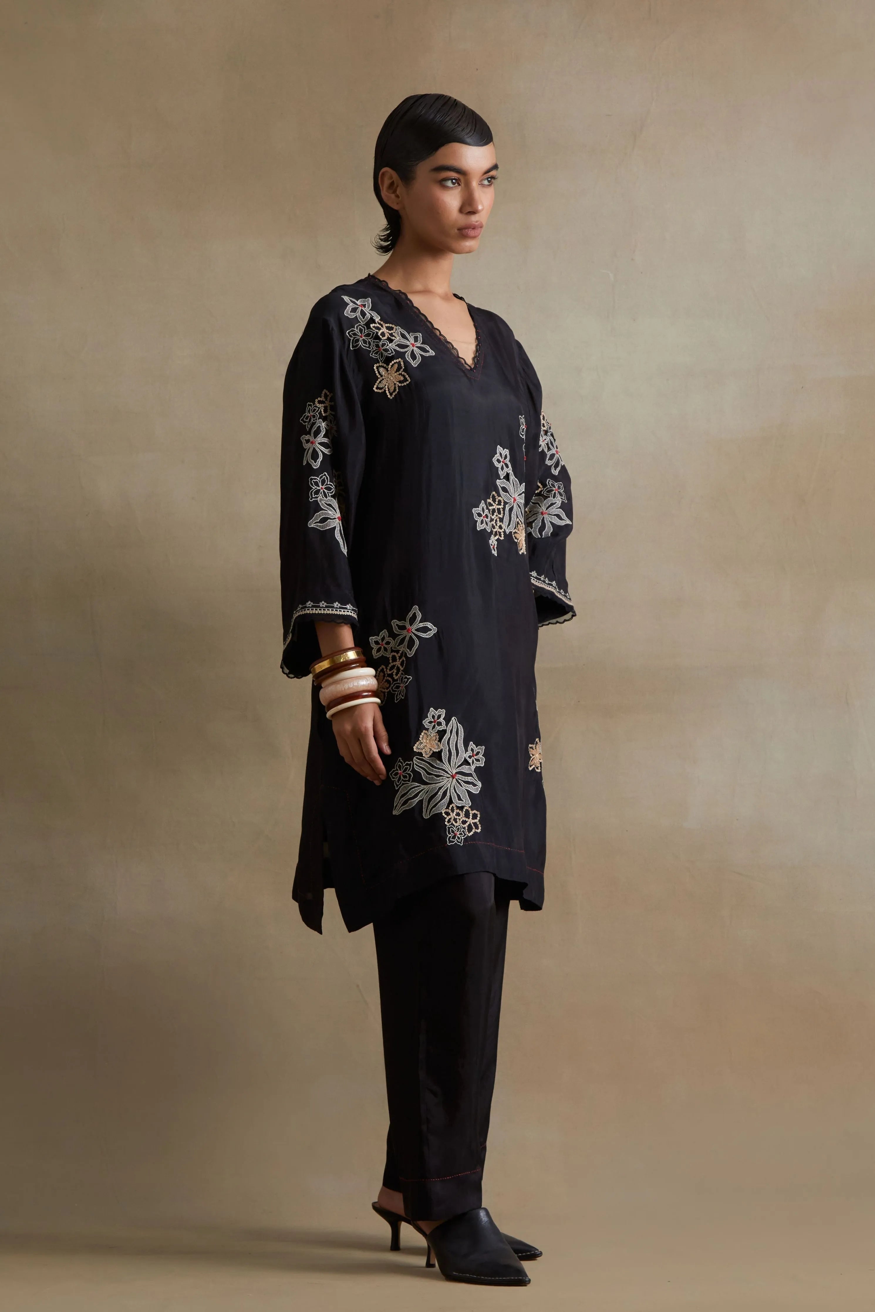 Black Floral Cutwork Tunic Set