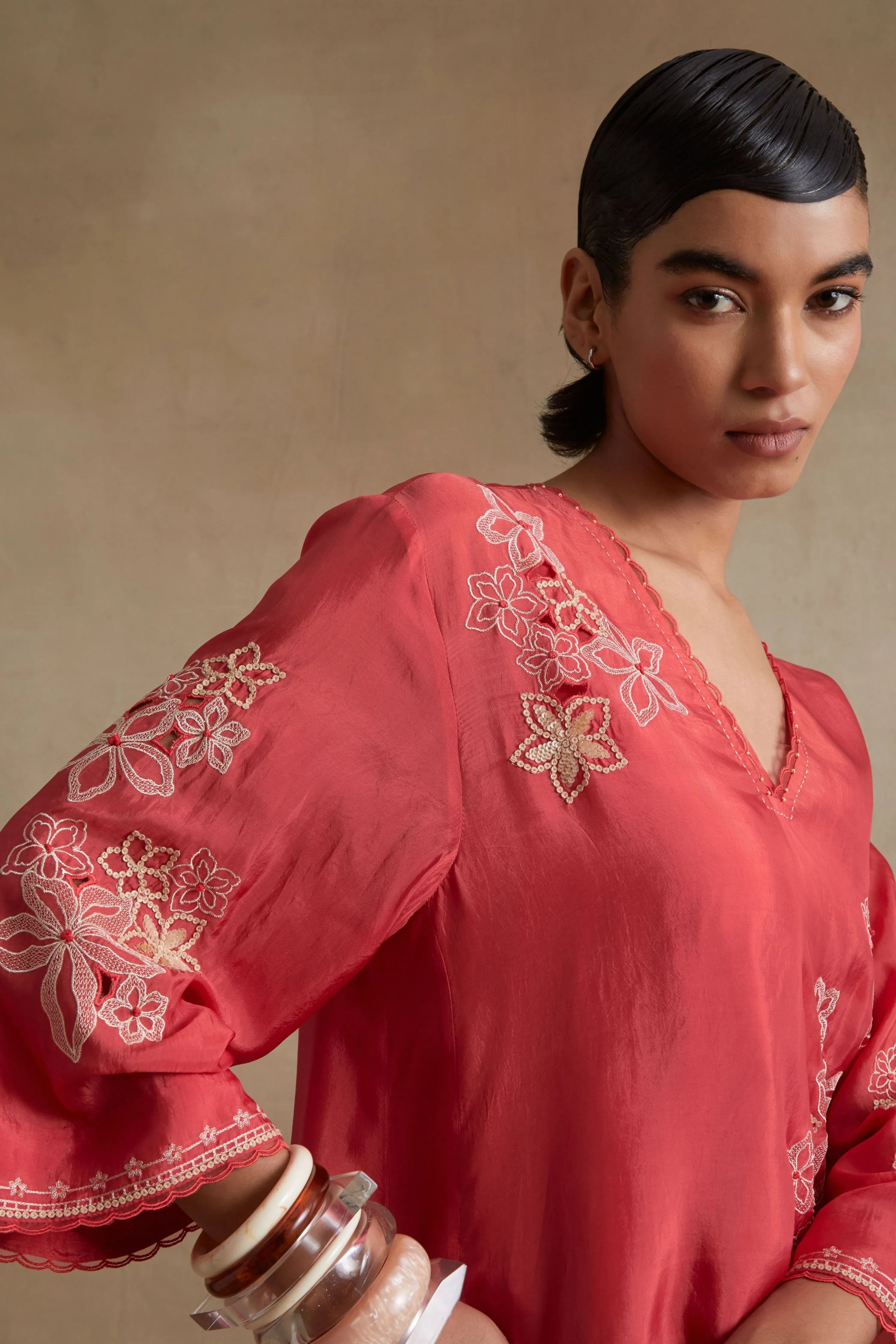 Tomato Cutwork Tunic Set