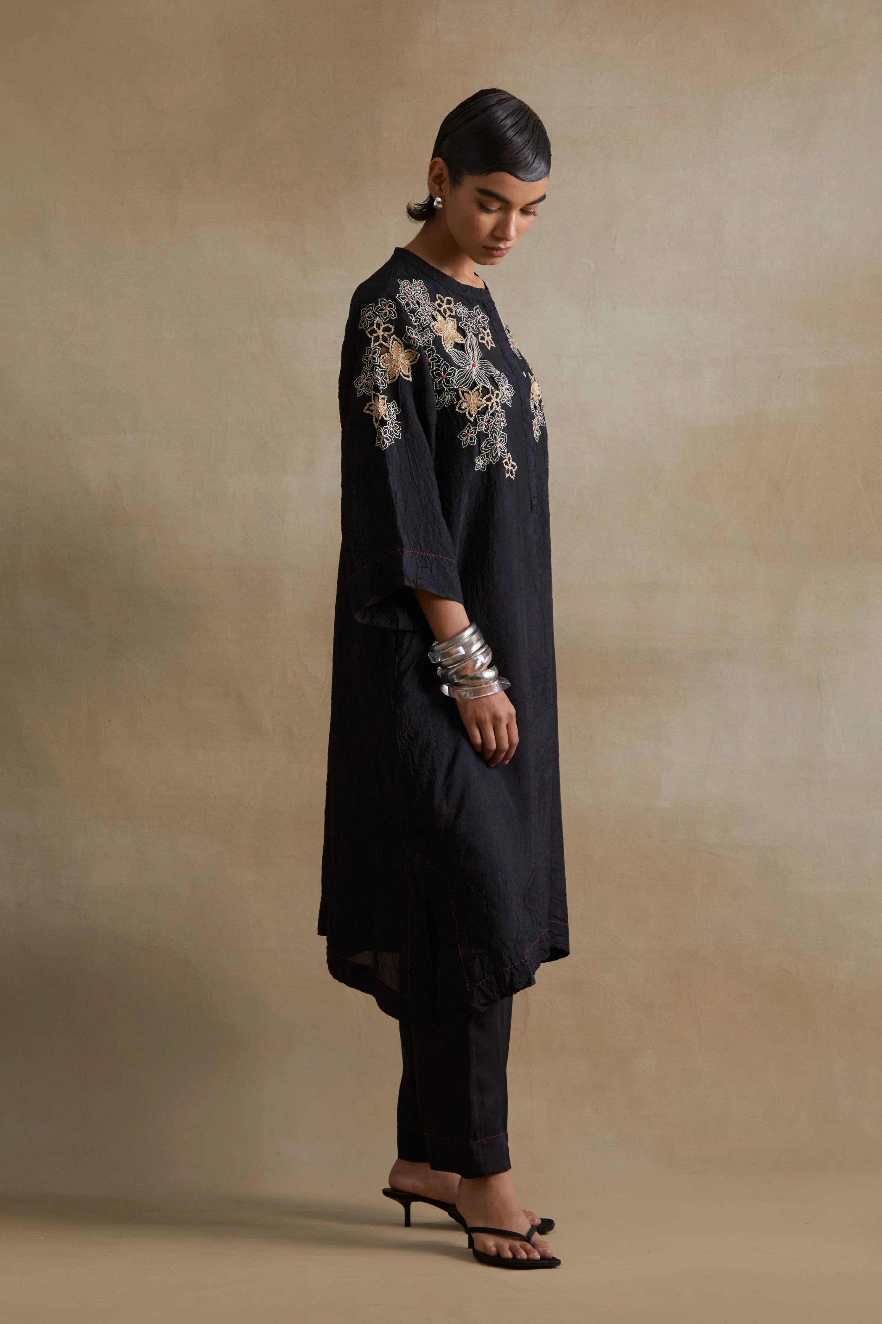 Black Embroidered Floral Kurta Set