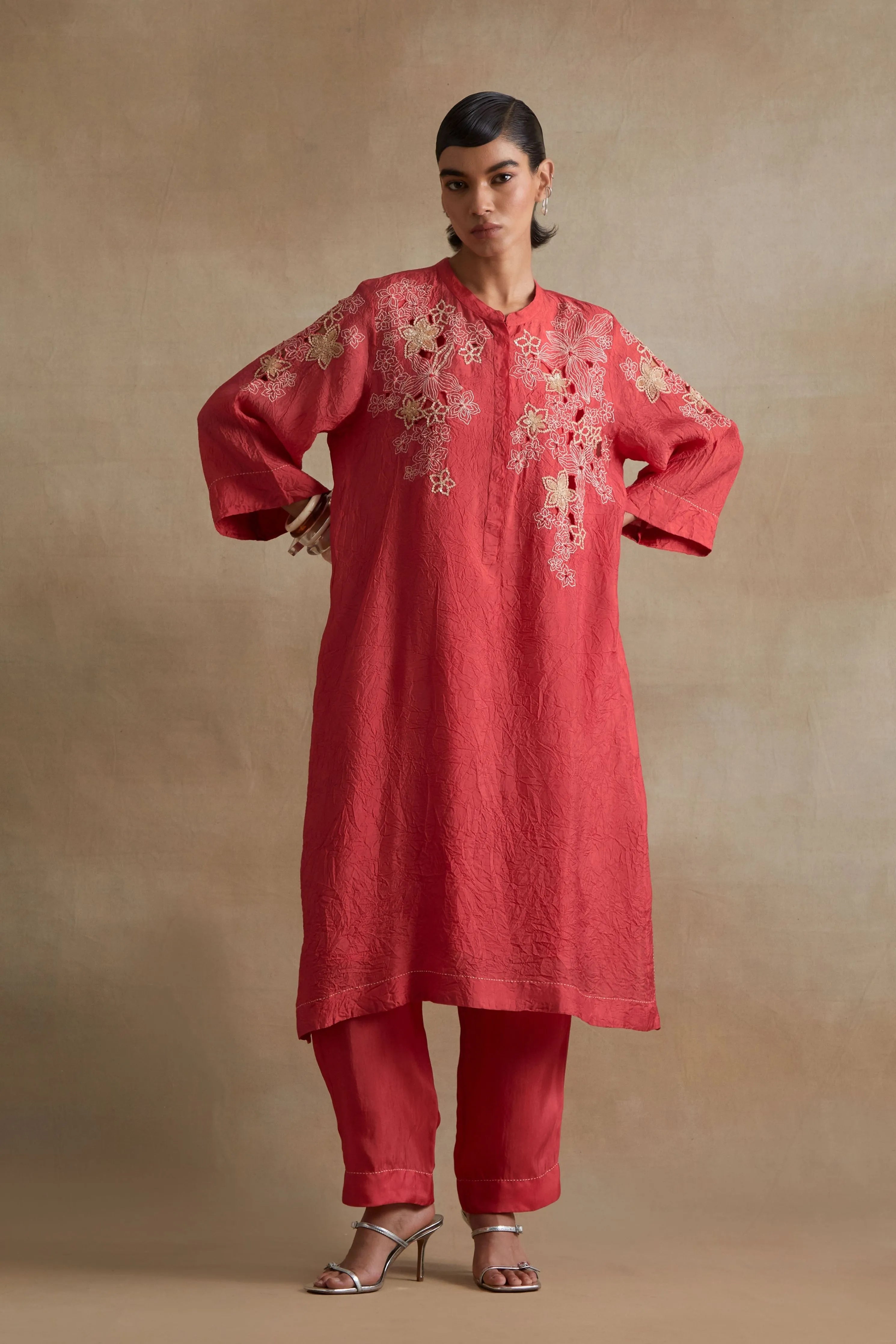 Tomato Floral Embroidered Kurta Set