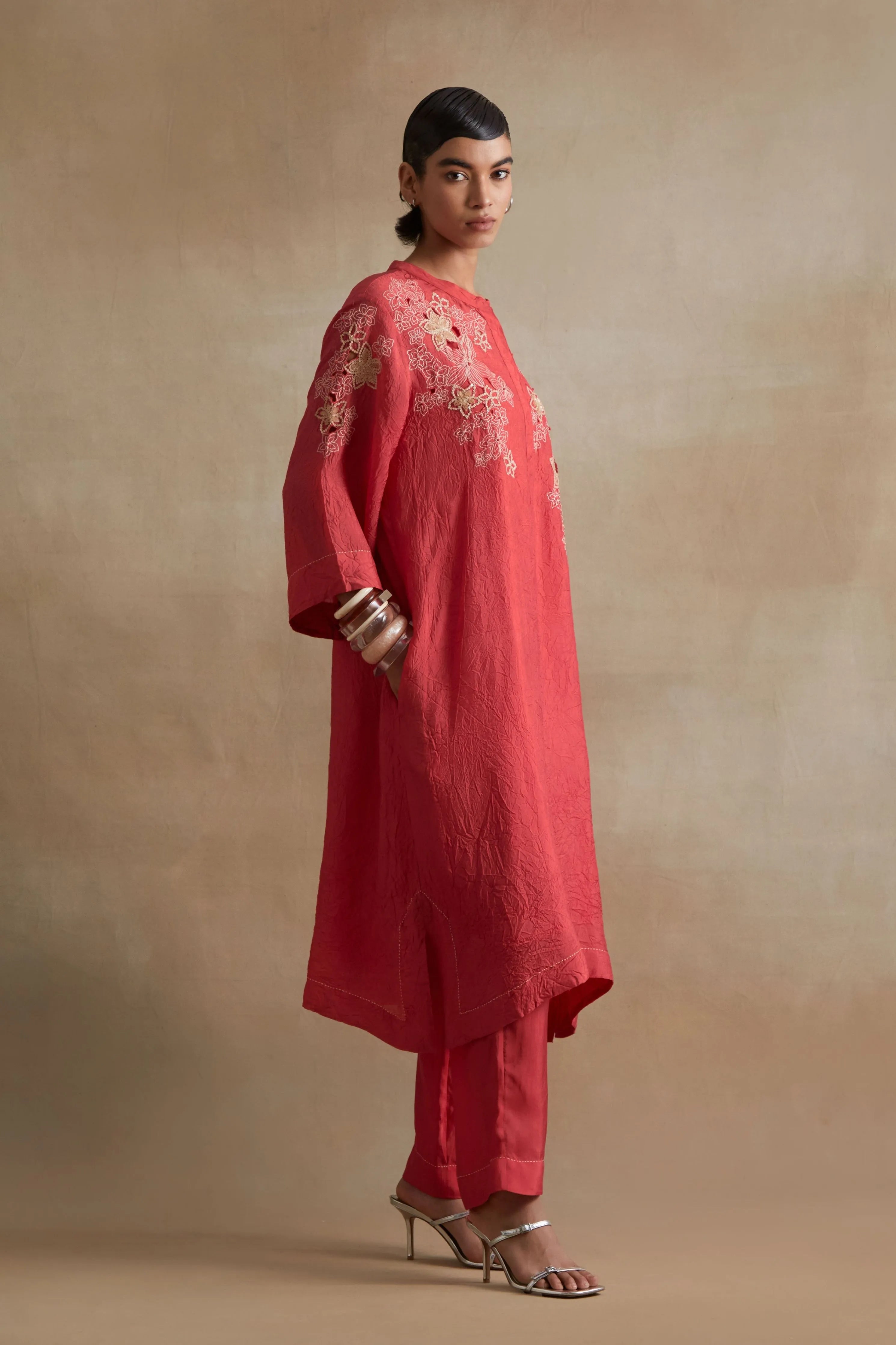 Tomato Floral Embroidered Kurta Set