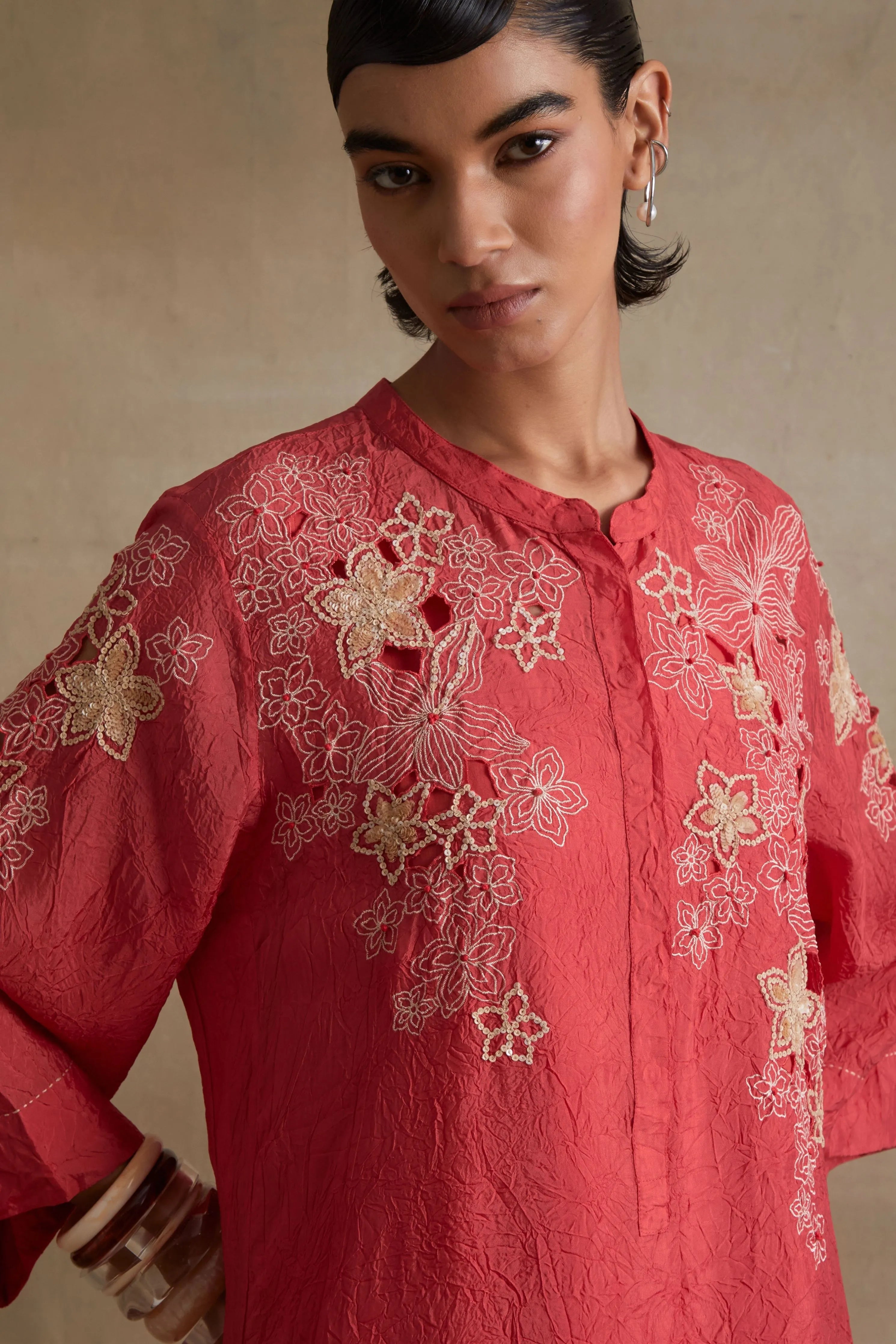 Tomato Floral Embroidered Kurta Set