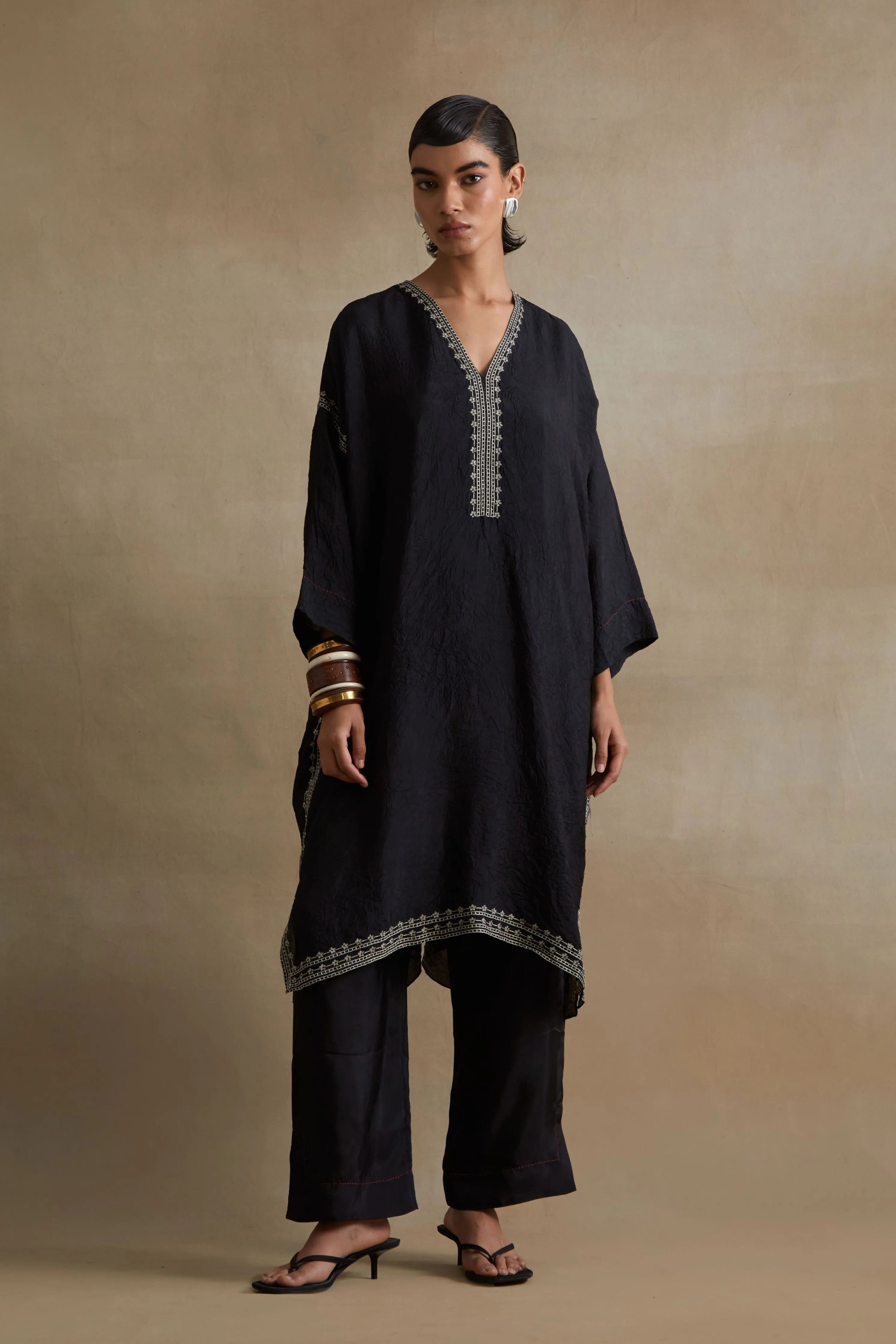 Black Thread Embroidered Kaftan Set