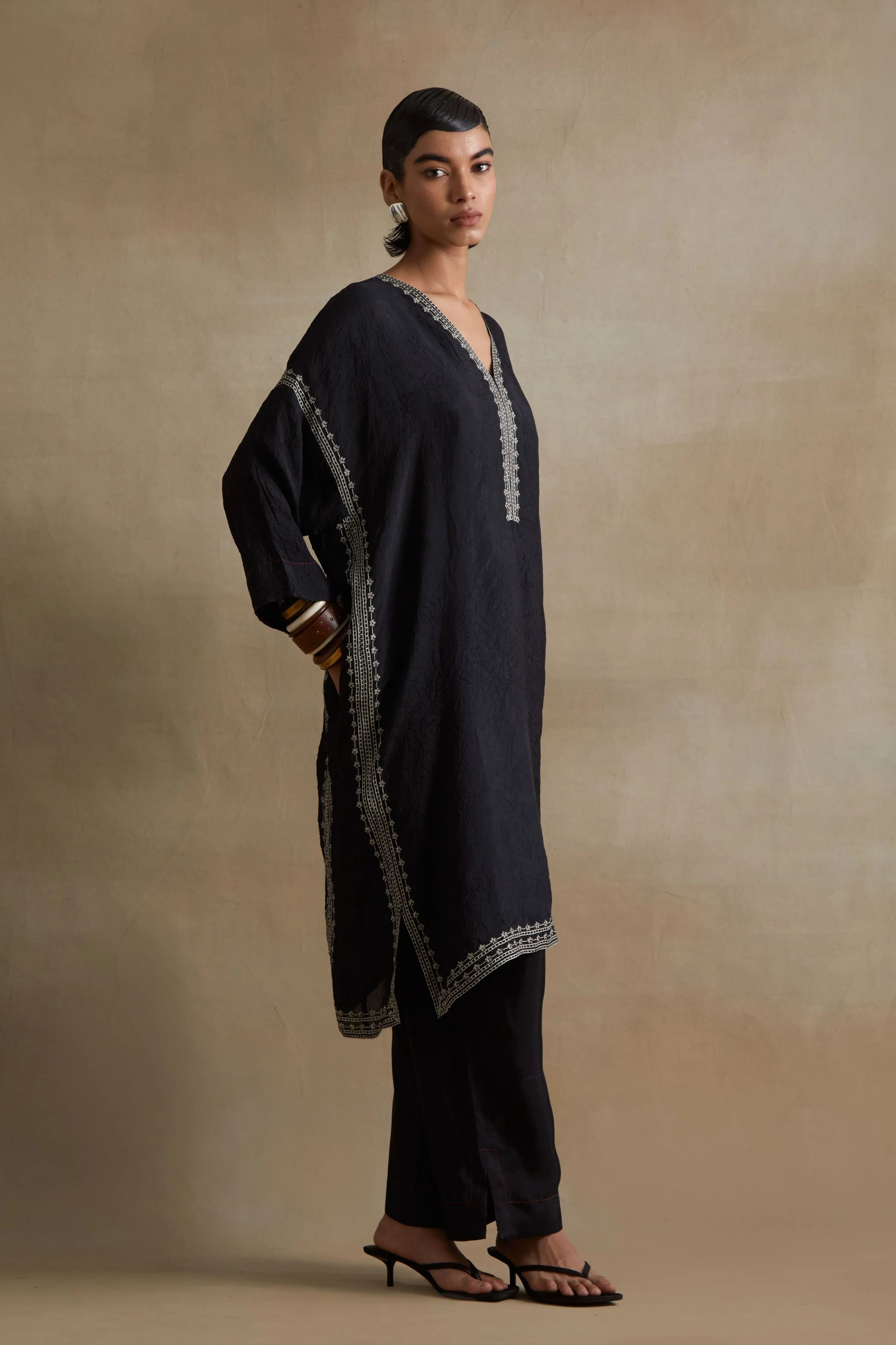Black Thread Embroidered Kaftan Set