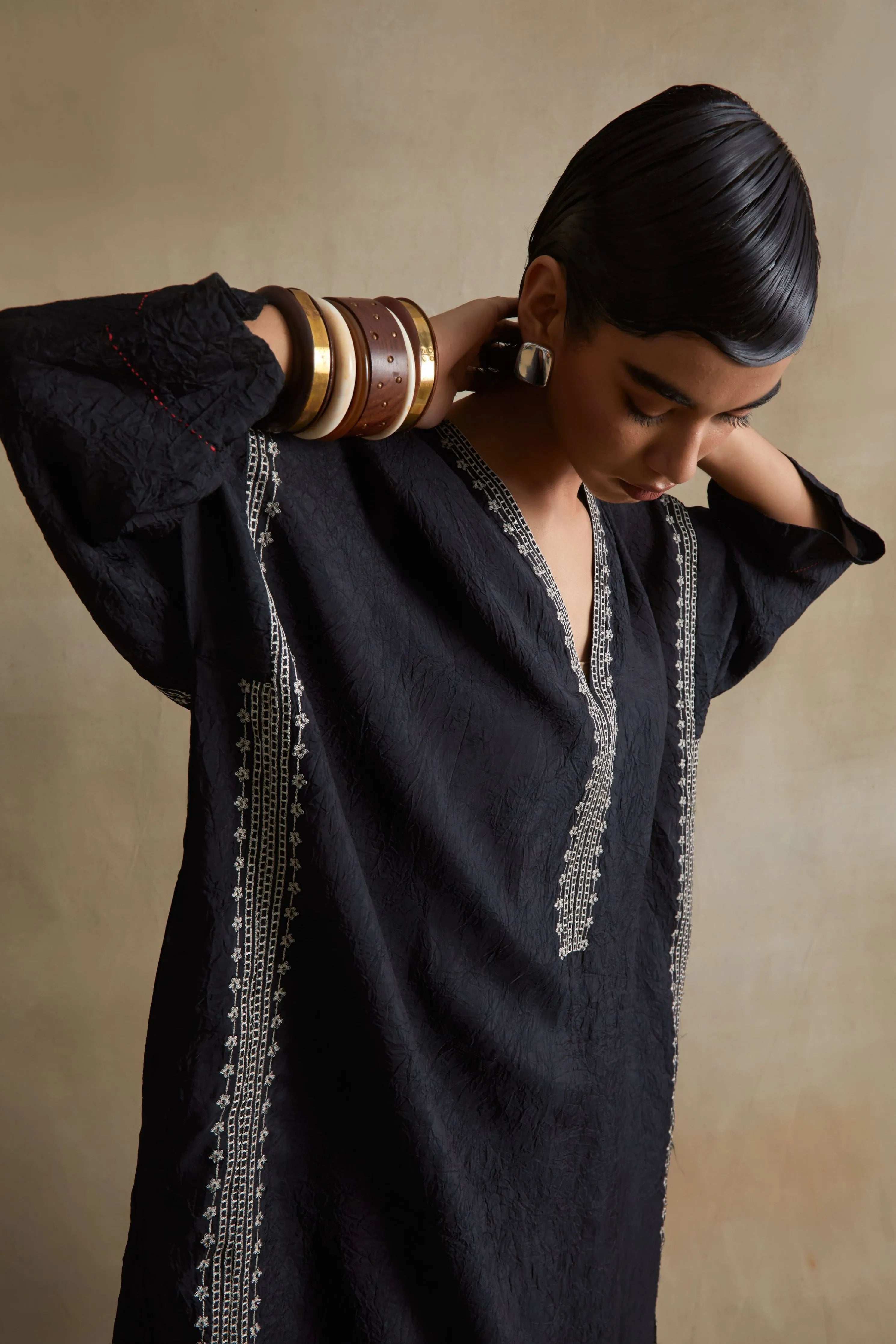Black Thread Embroidered Kaftan Set