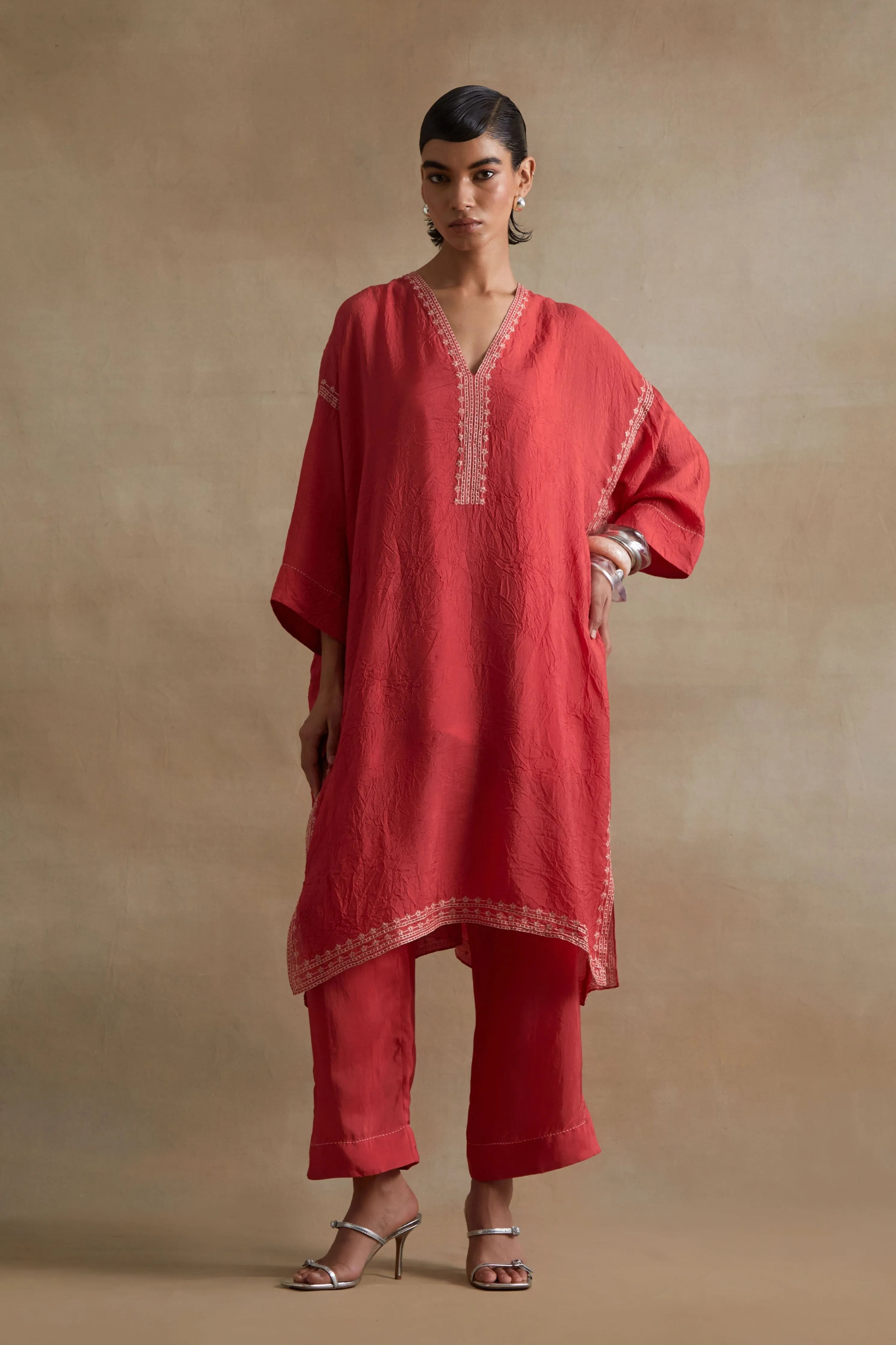 Tomato Thread Embroidered Kaftan Set