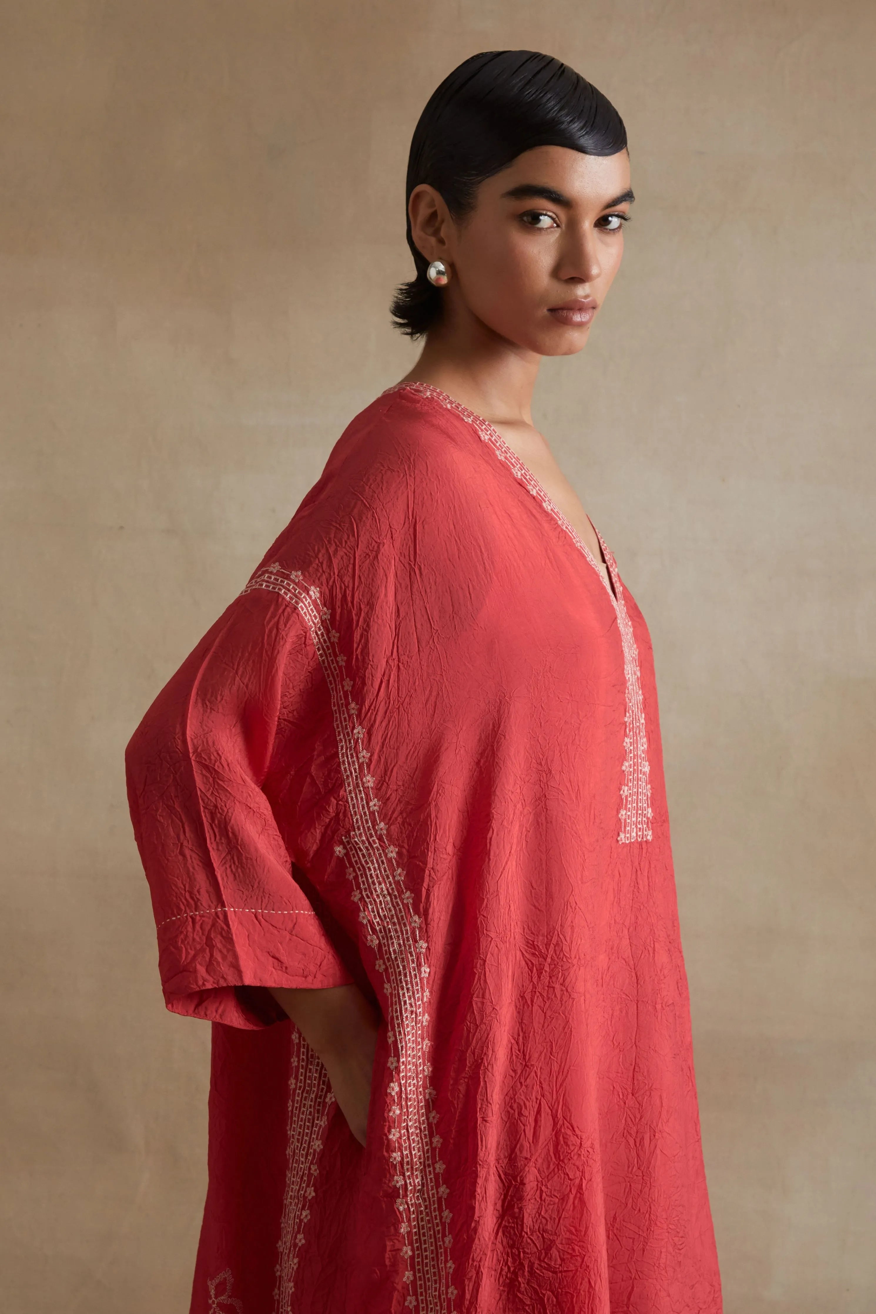 Tomato Thread Embroidered Kaftan Set