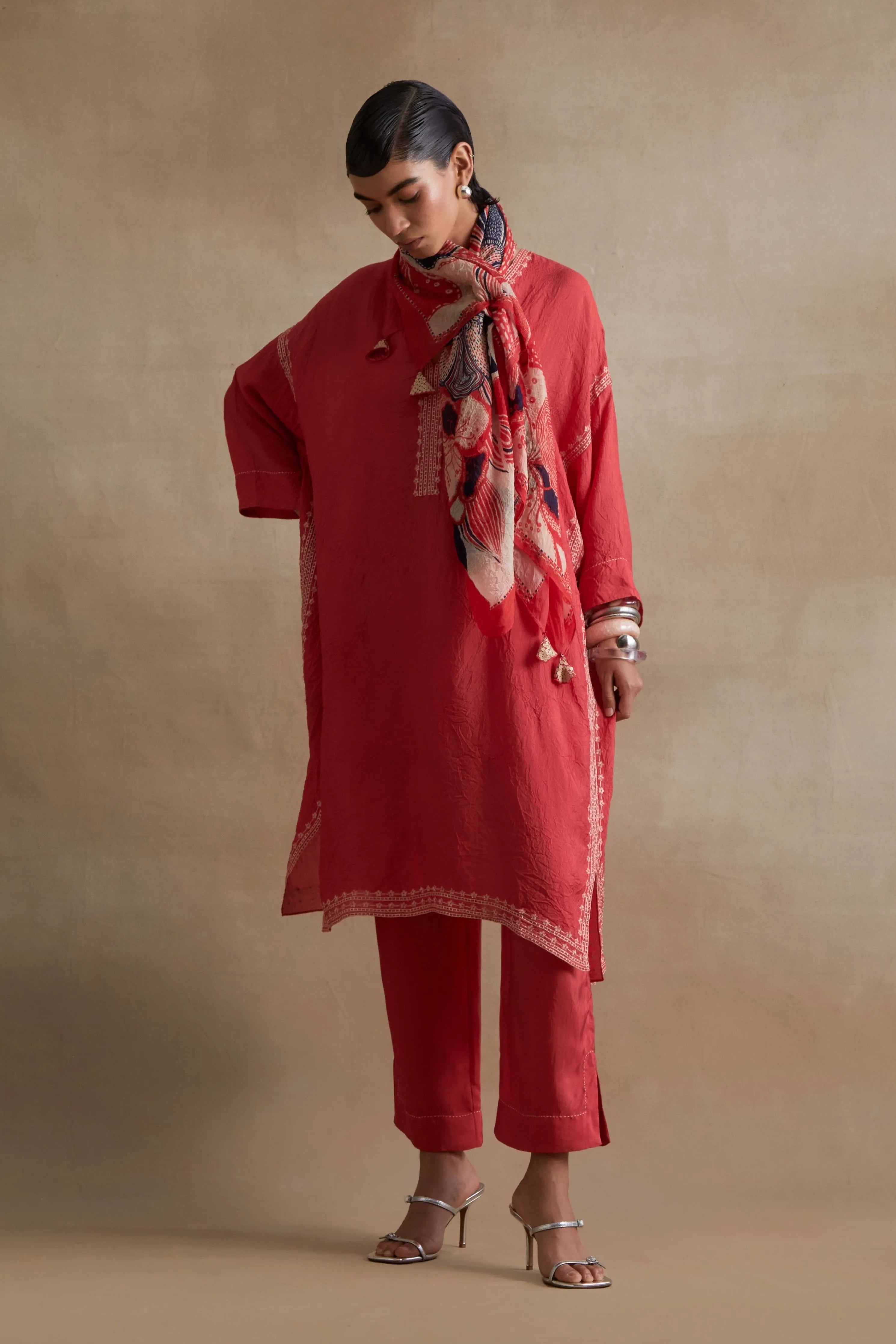 Tomato Thread Embroidered Kaftan Set
