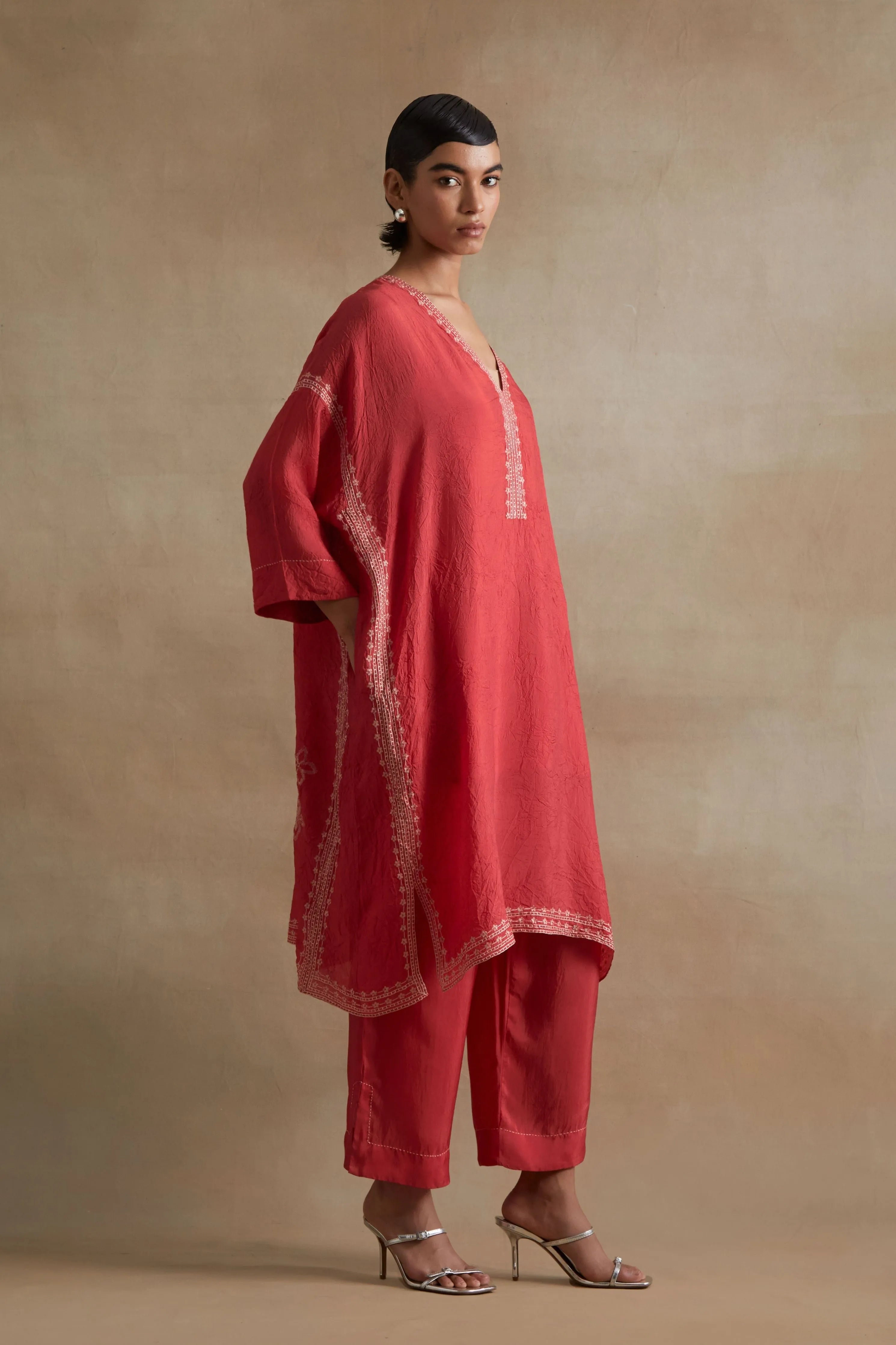 Tomato Thread Embroidered Kaftan Set