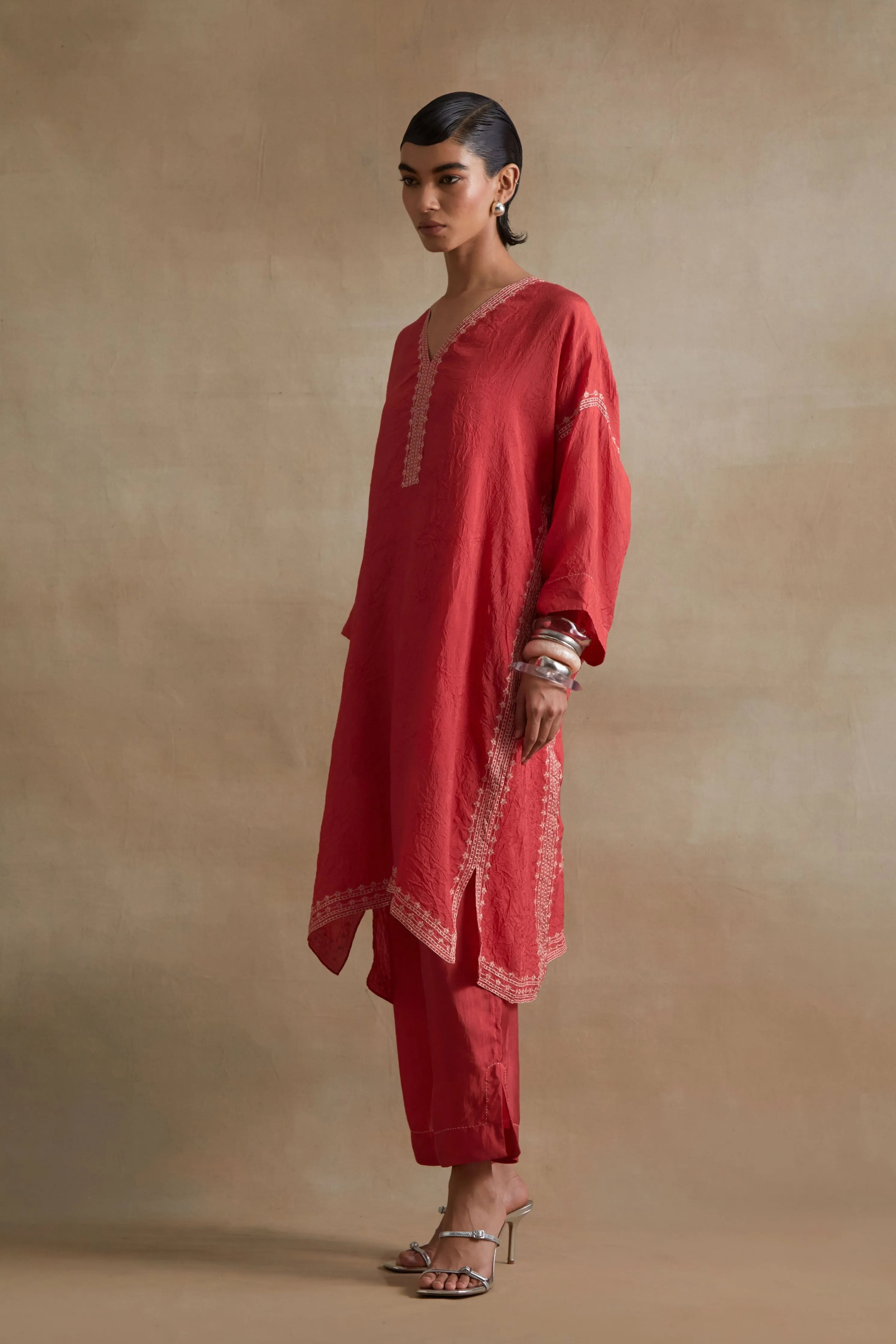 Tomato Thread Embroidered Kaftan Set