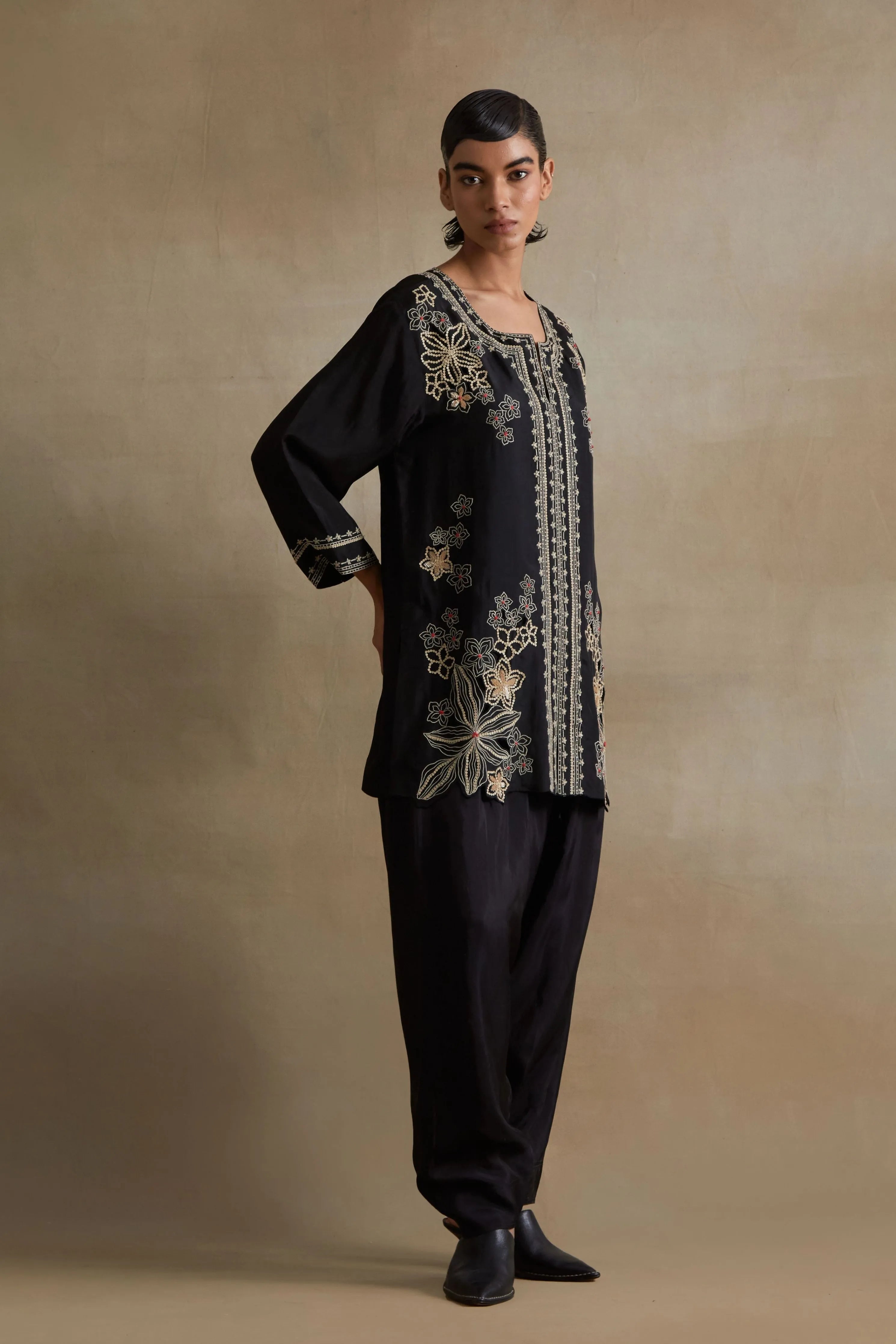 Black Floral Cutwork Embellished Set