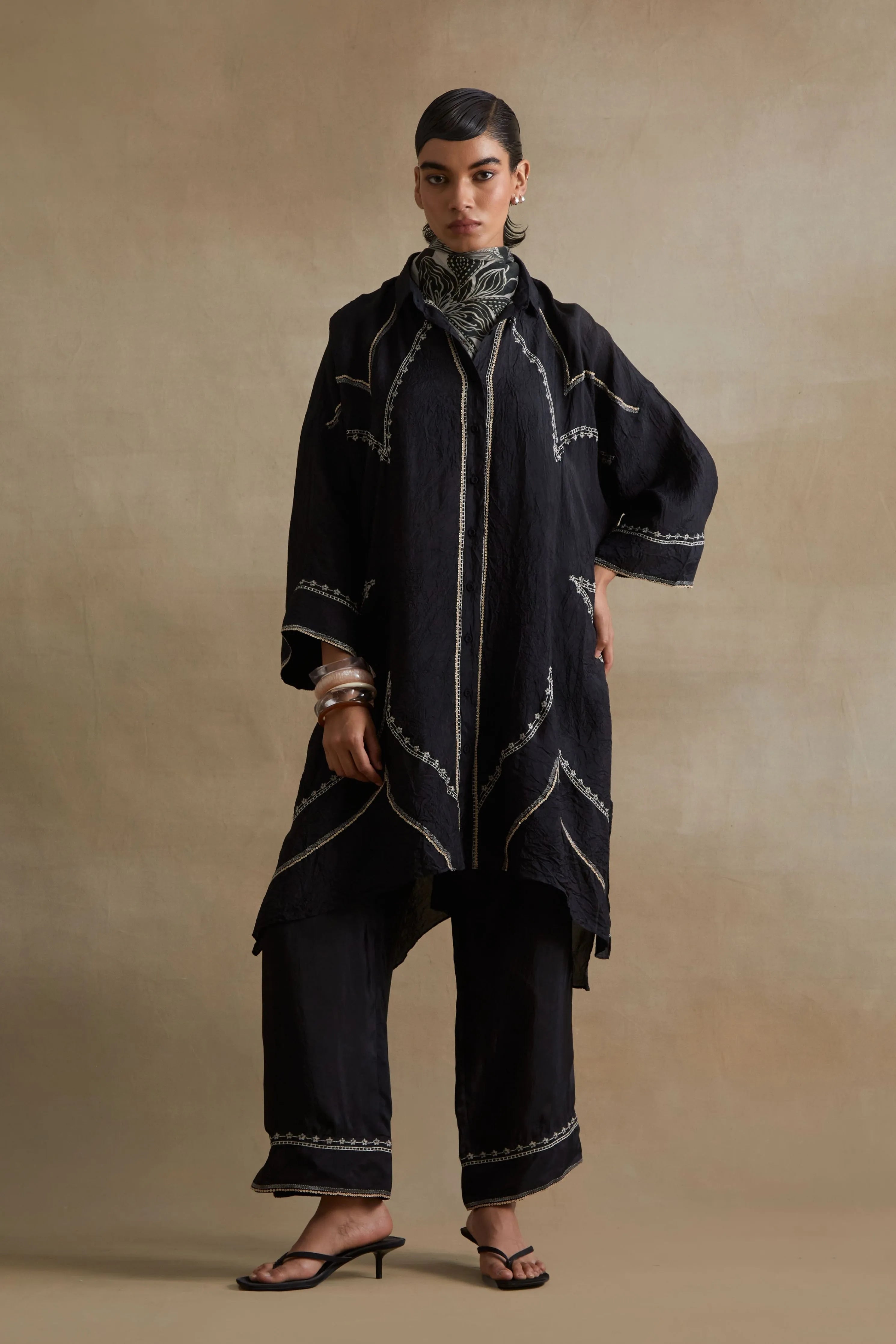 Black Stylized Embroidered Kaftan Set