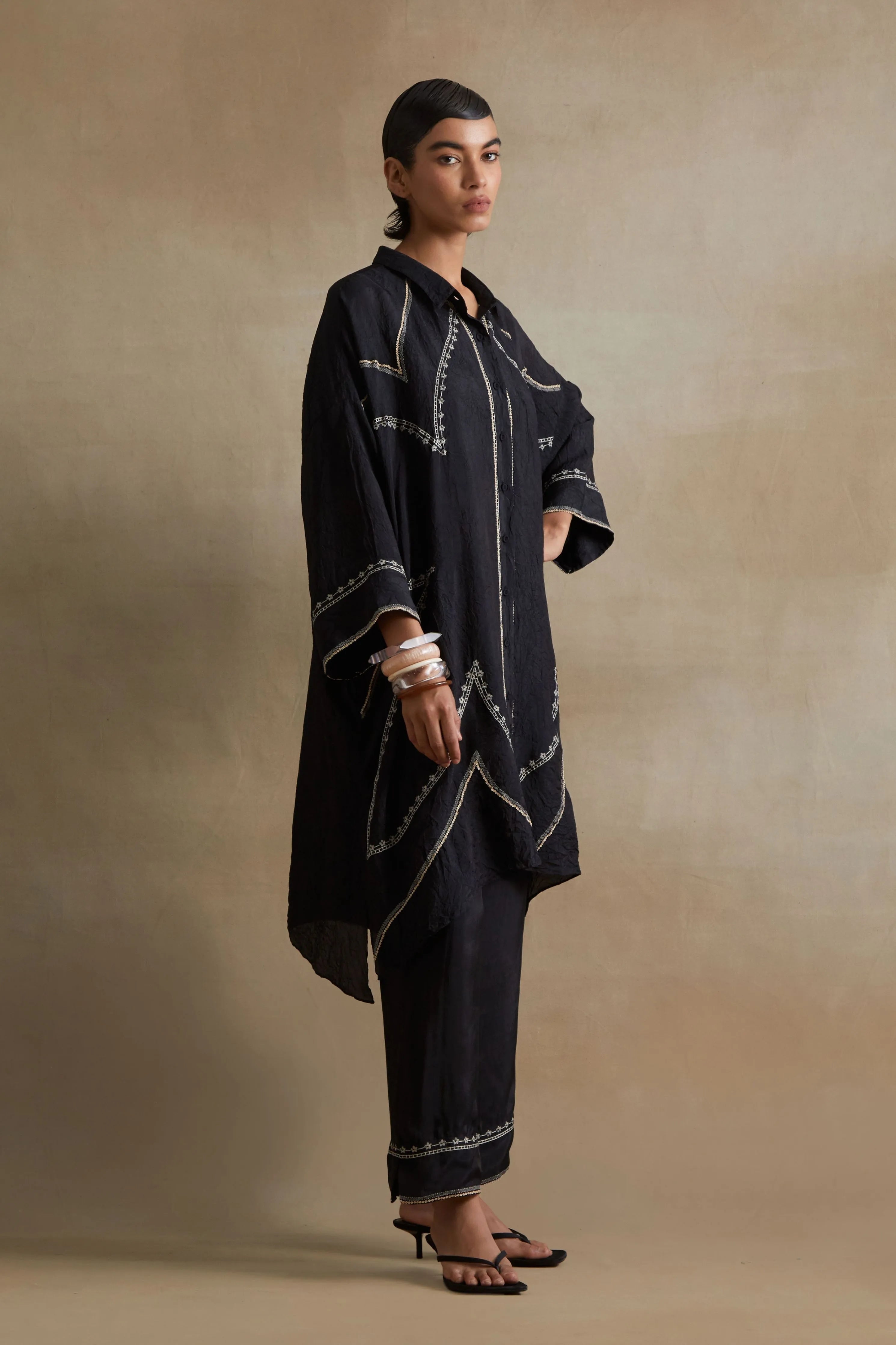 Black Stylized Embroidered Kaftan Set