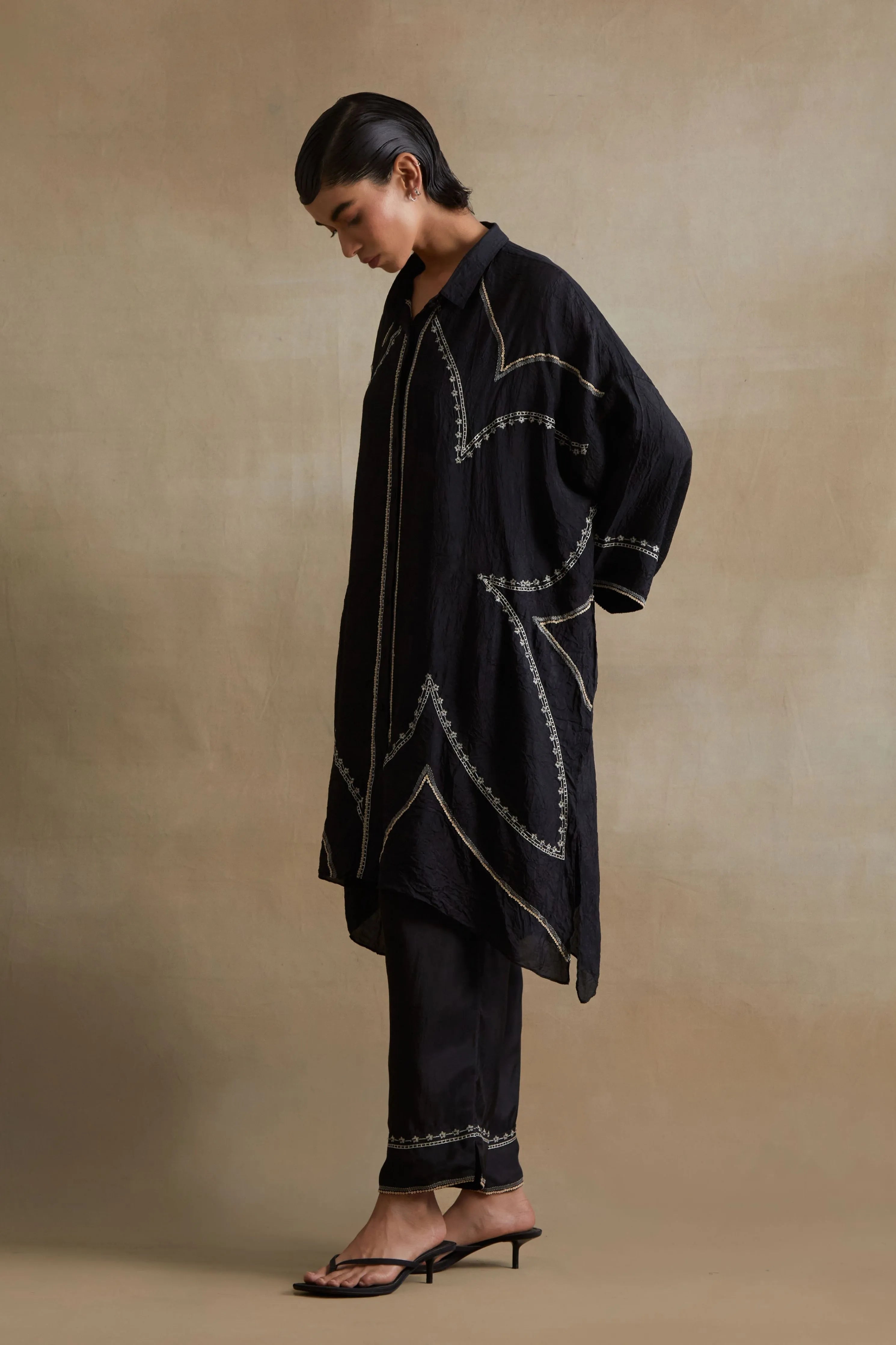 Black Stylized Embroidered Kaftan Set