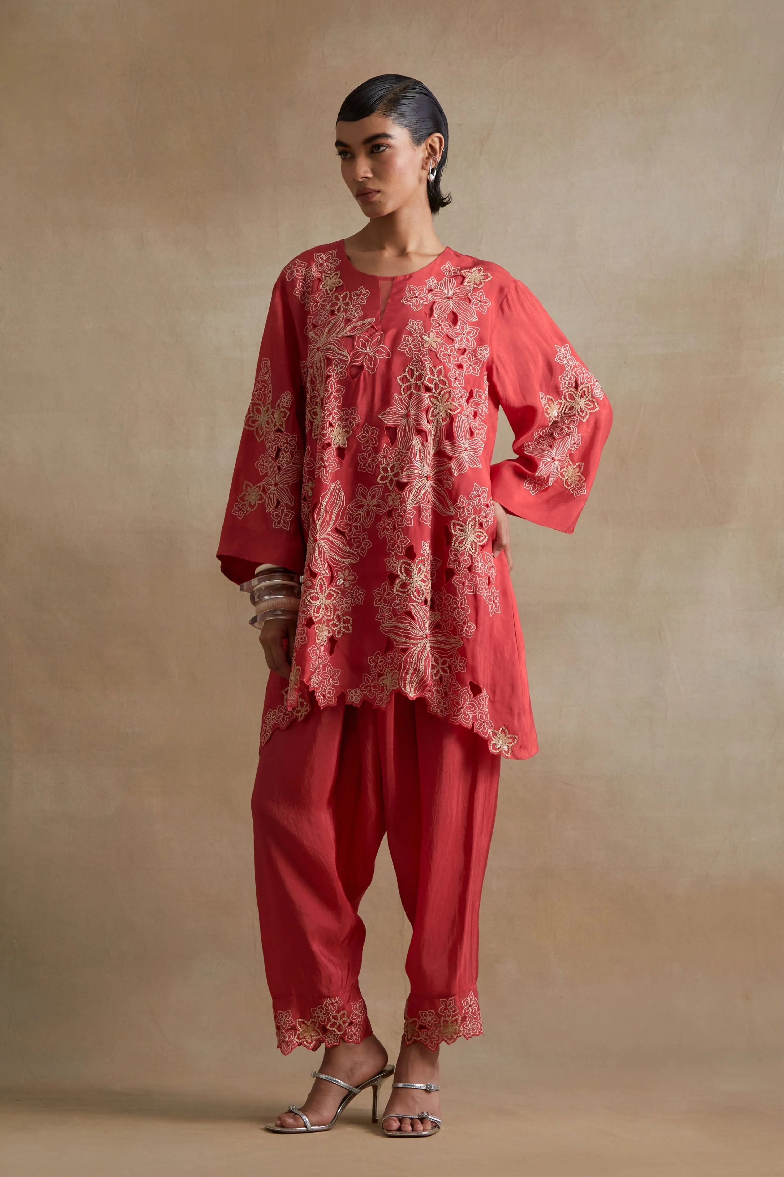 Tomato Floral Cutwork Embellished Set