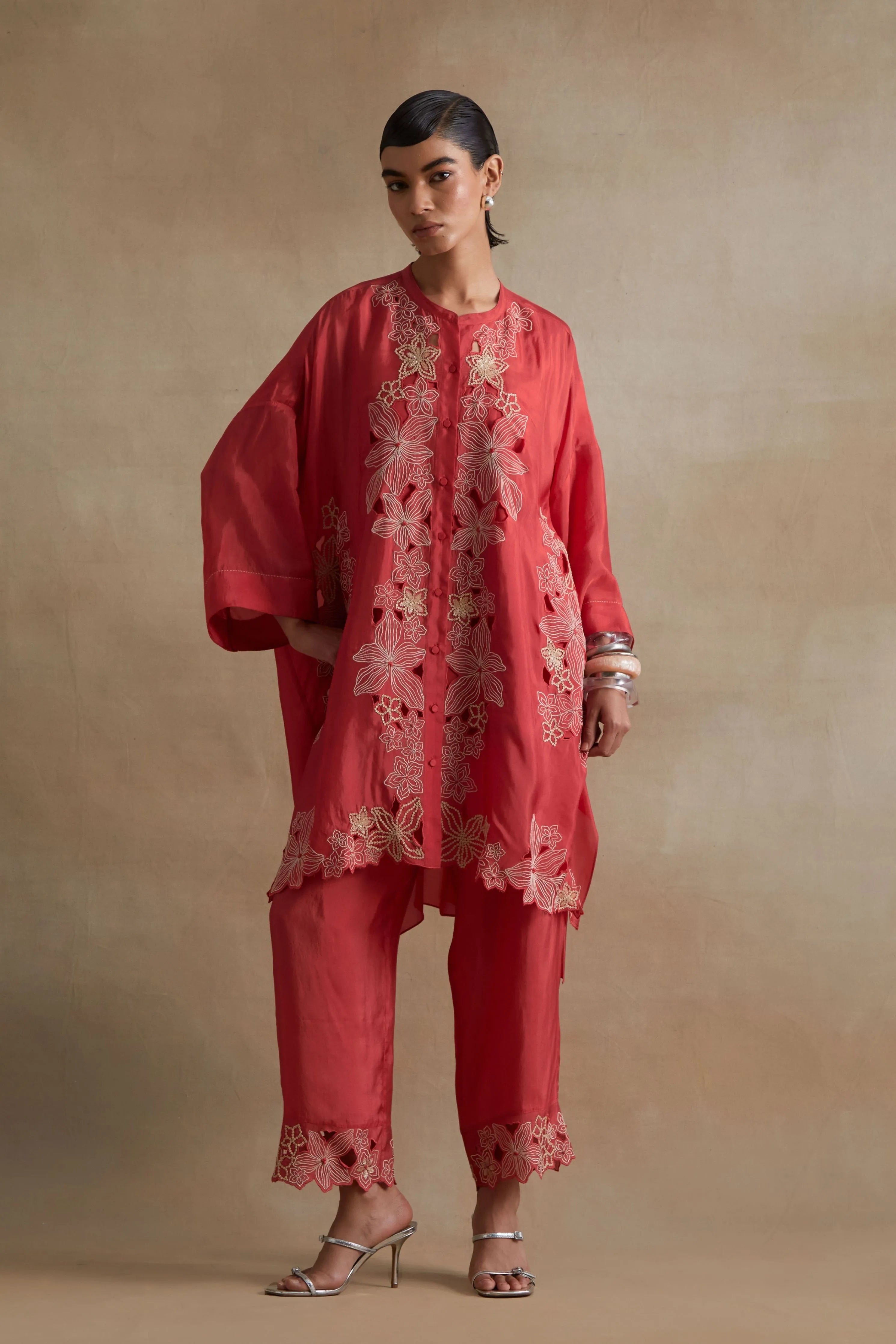 Tomato Sequin Floral Kurta Set