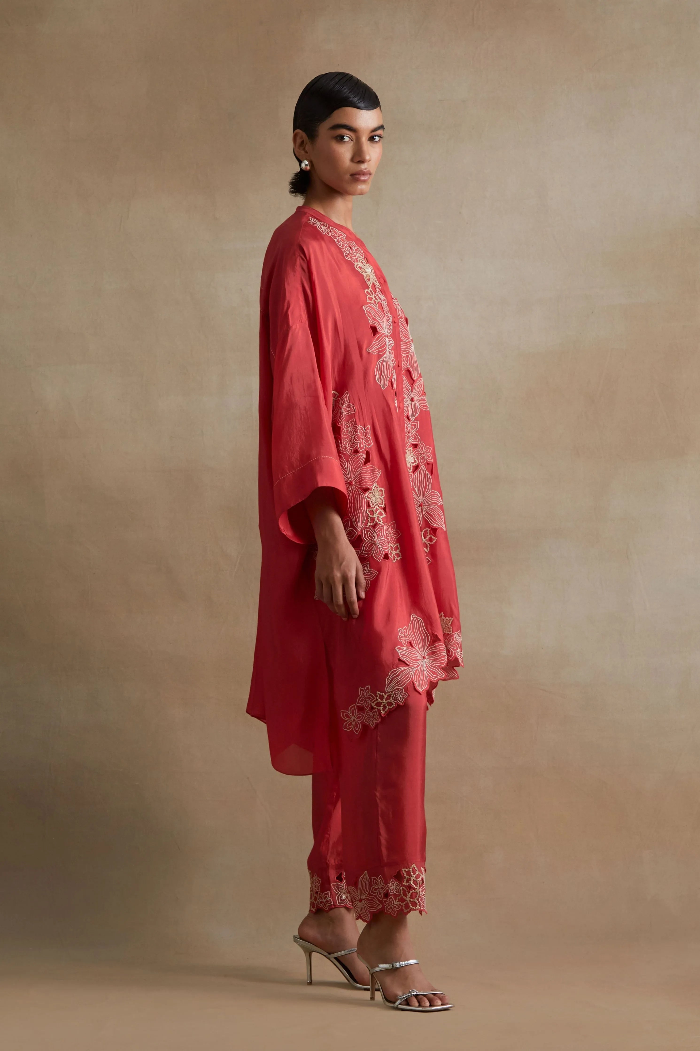 Tomato Sequin Floral Kurta Set