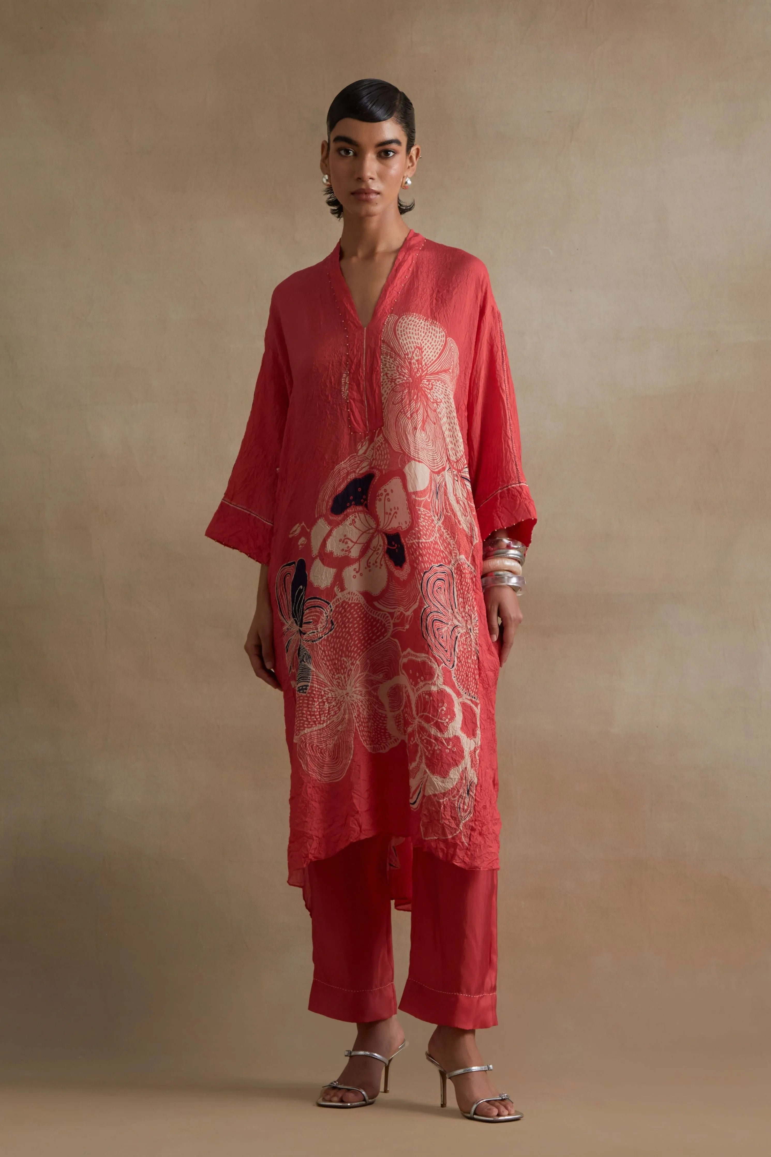 Tomato Embroidered Floral Kurta Set