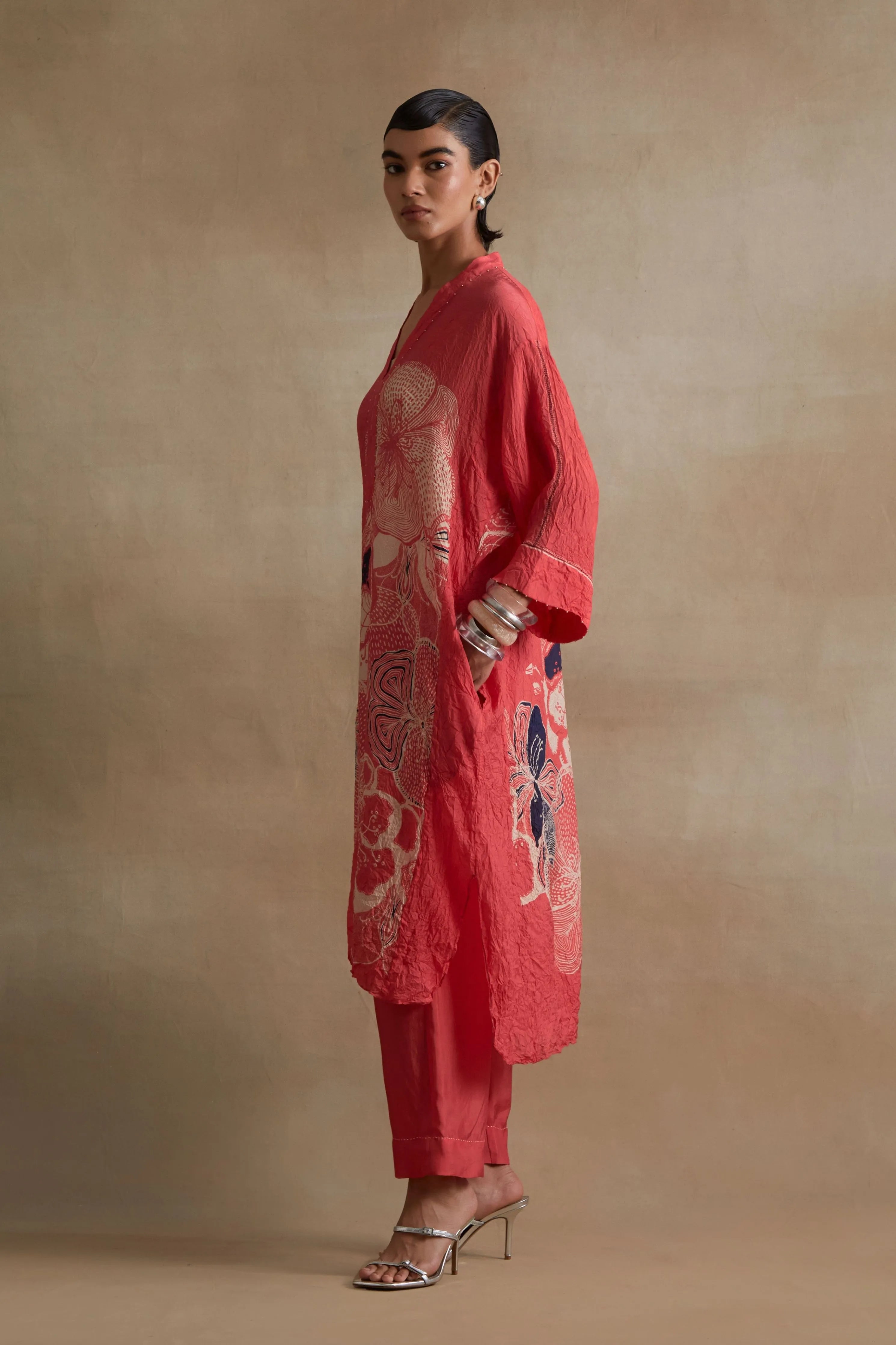 Tomato Embroidered Floral Kurta Set