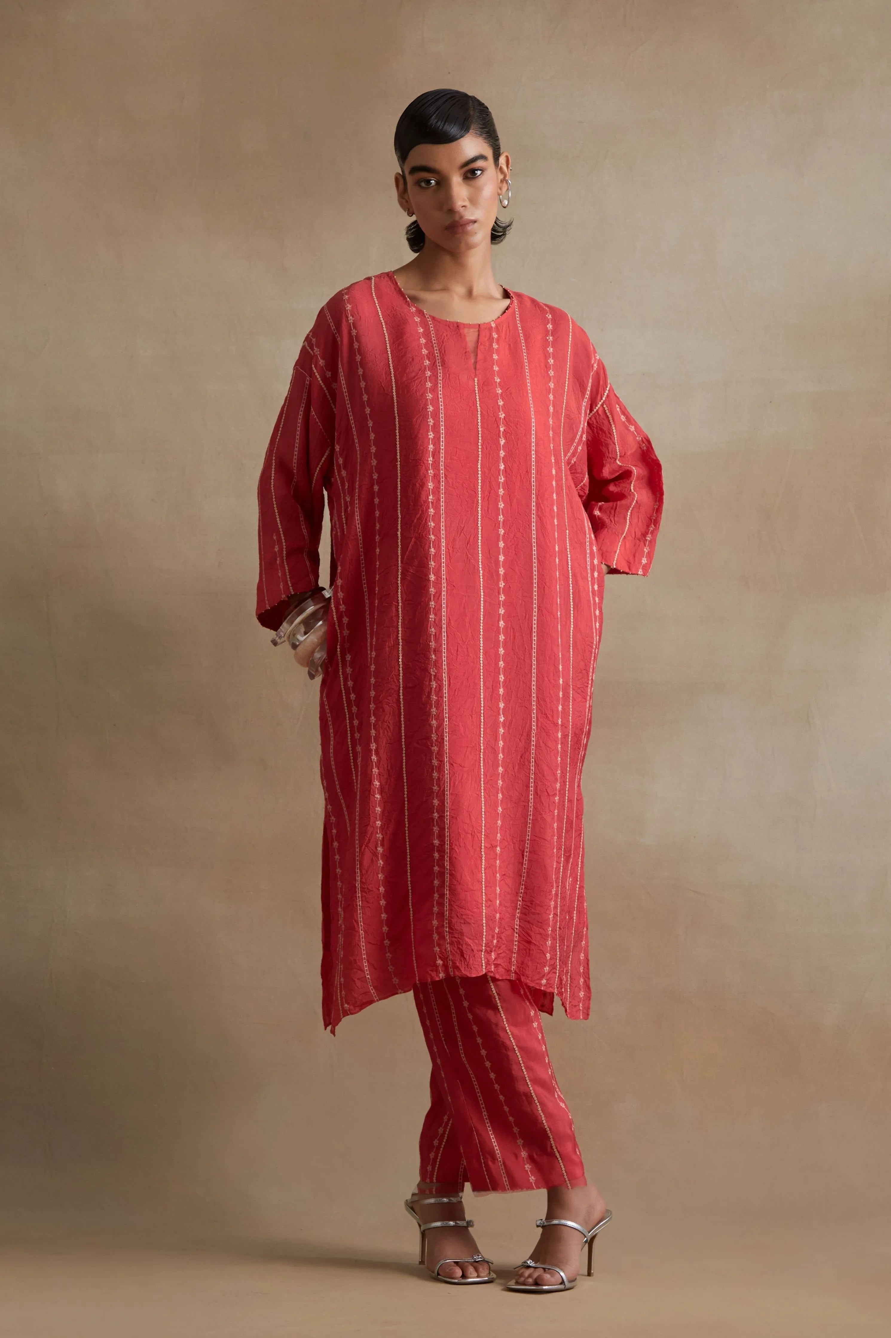 Tomato Beaded Embroidered Kurta Set