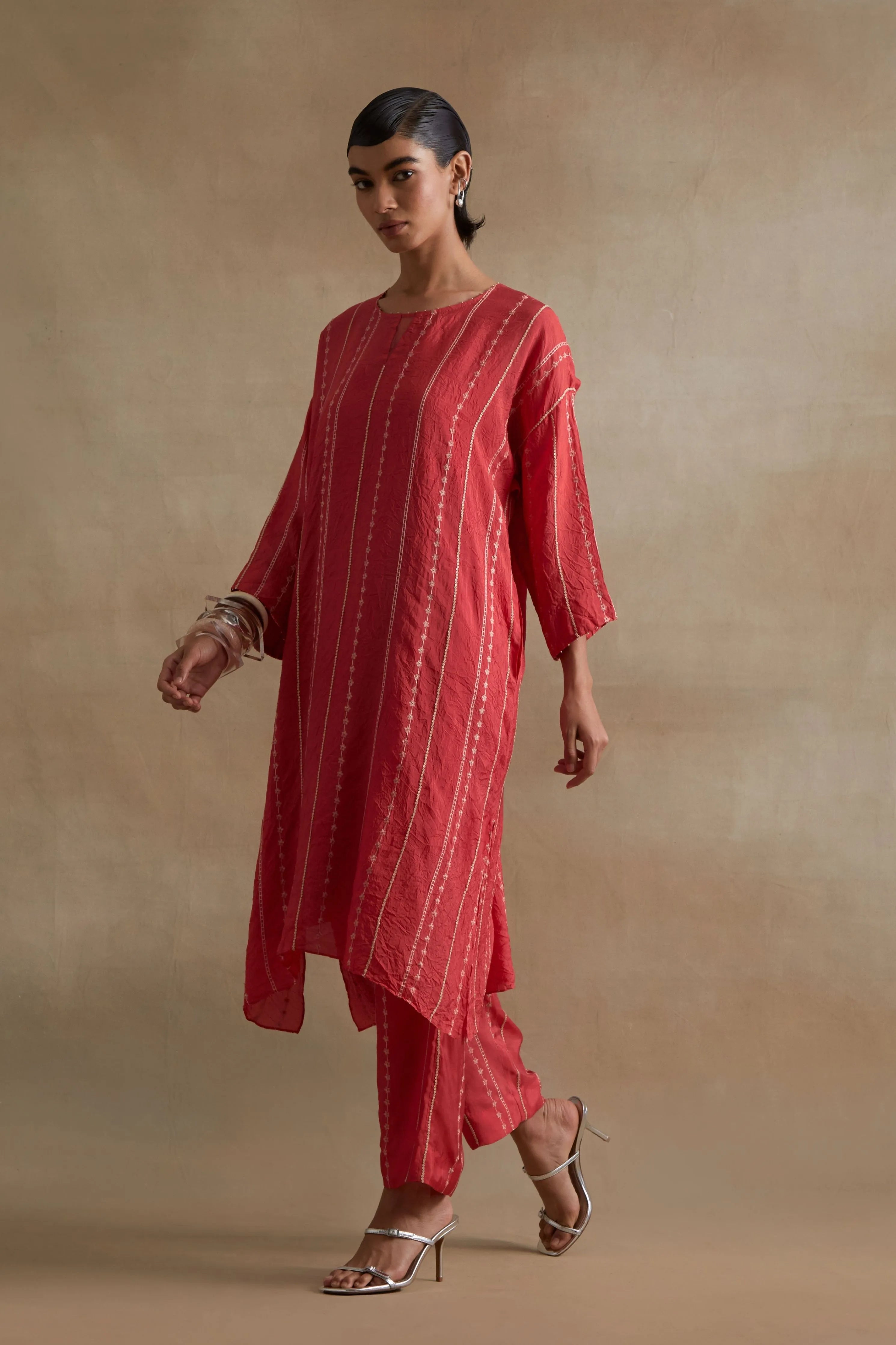 Tomato Beaded Embroidered Kurta Set