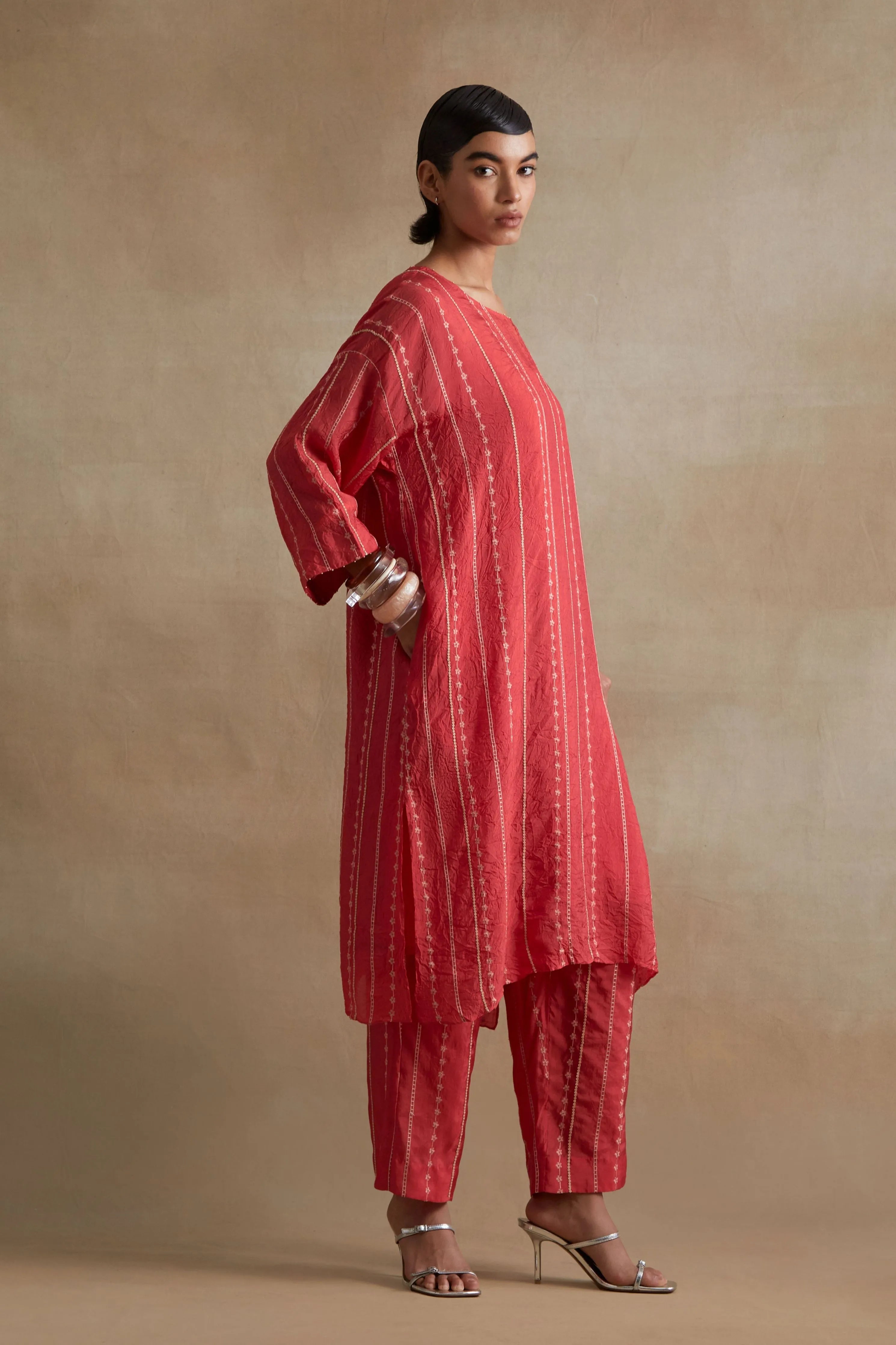 Tomato Beaded Embroidered Kurta Set