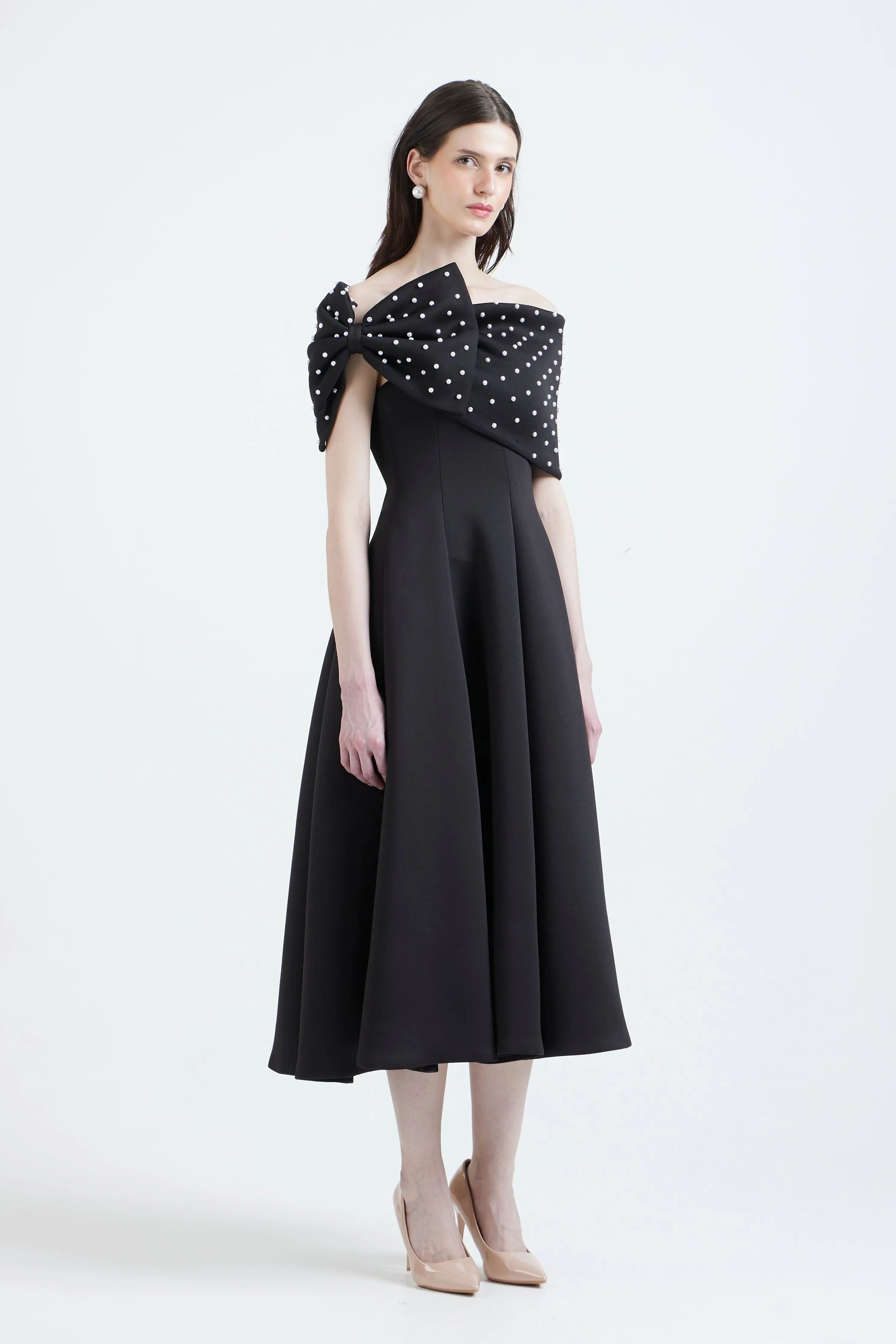 Nysa Pearl Embellished Dress With Bow Wrap
